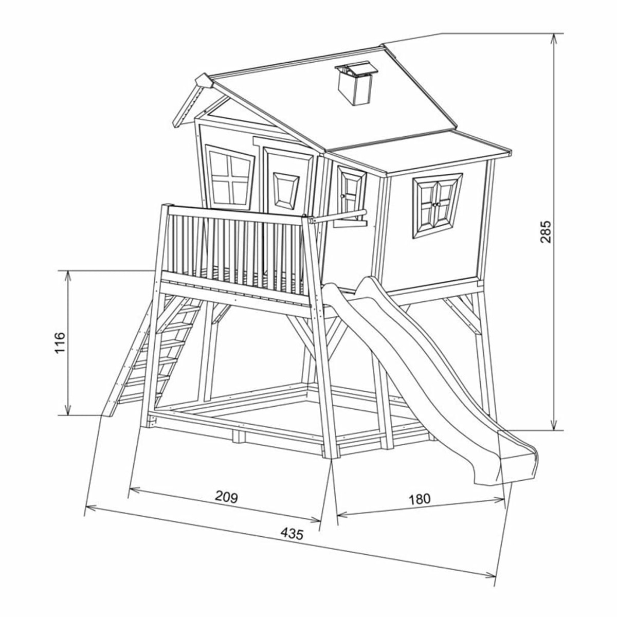 Strichzeichnung eines Holzspielhauses mit Rutsche, Treppe und Maßangaben.