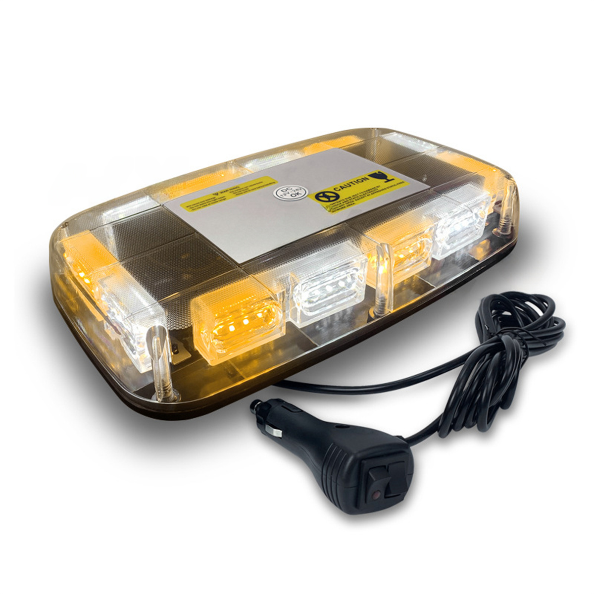 Rechteckige Lichtleiste mit gelben und weißen Lichtern, Kabel und Auto-Adapter.