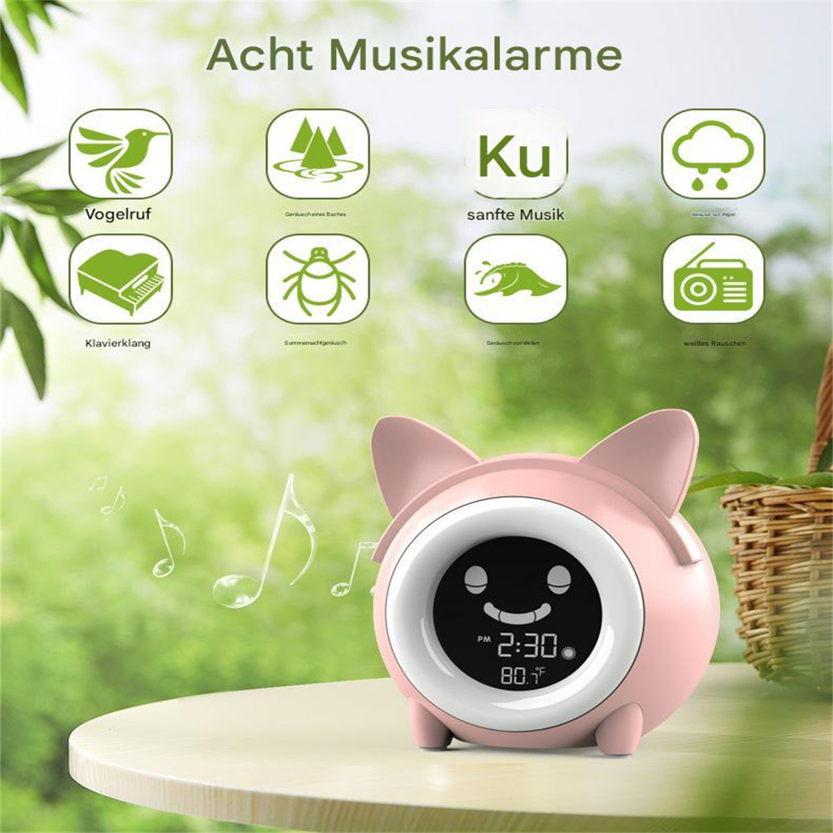Rosa katzenförmiger Wecker mit Digitalanzeige für Zeit und Temperatur.