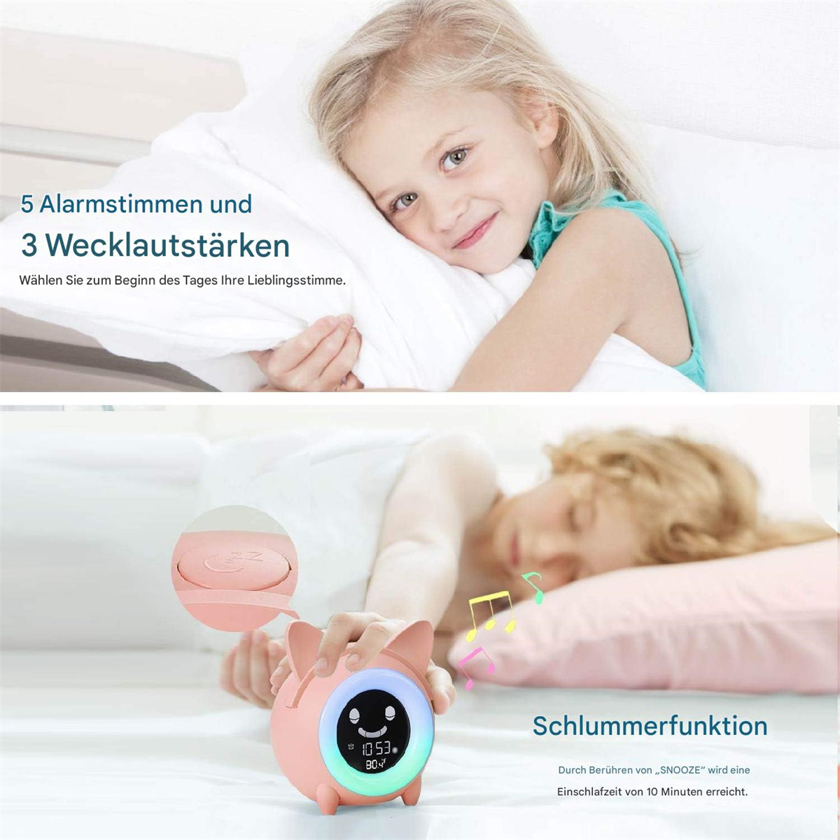 Ein Mädchen ruht auf einem Kissen, ein rosa Wecker in Schweineform und Text auf der Seite.
