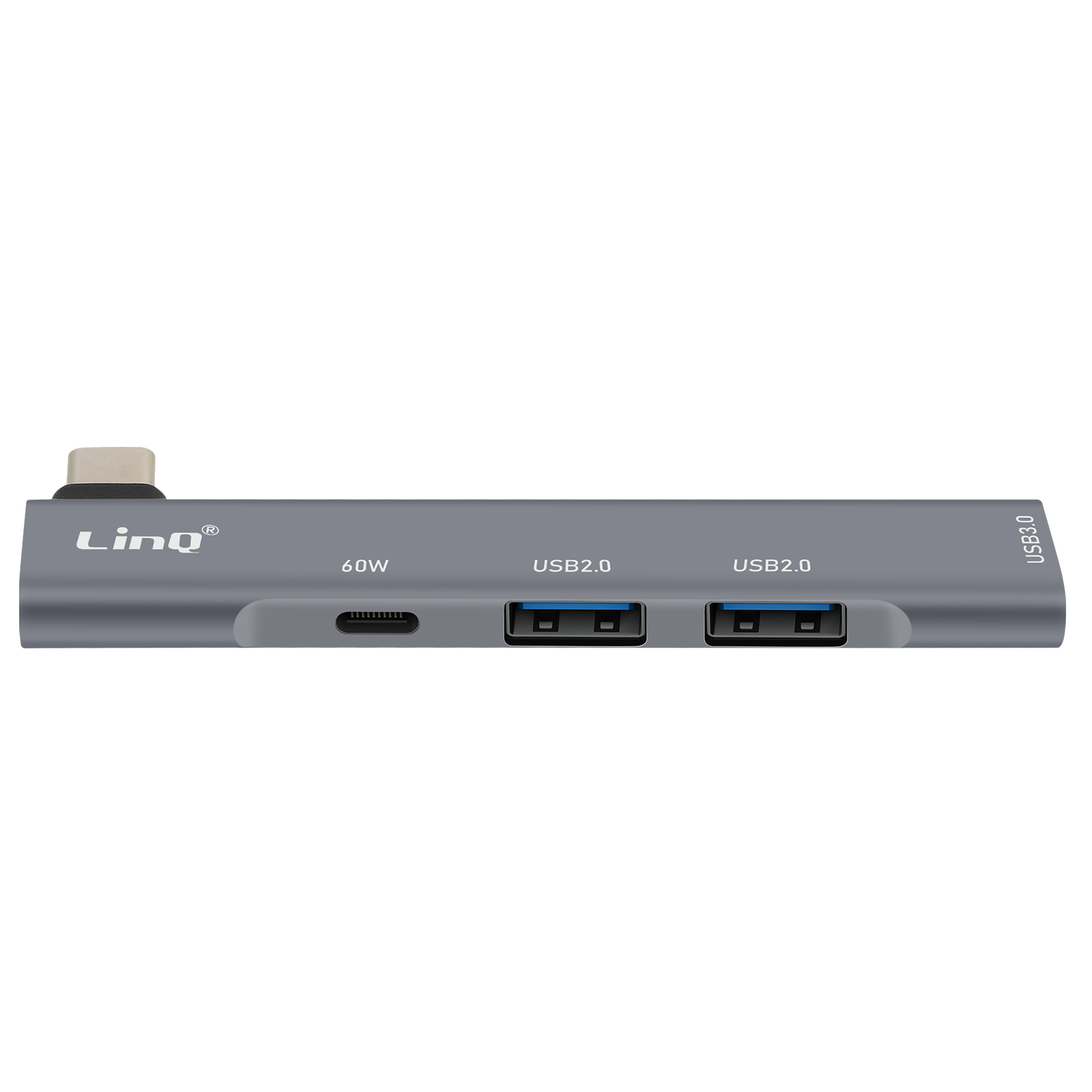 Un hub USB gris avec plusieurs ports, dont USB 3.0 et USB 2.0.