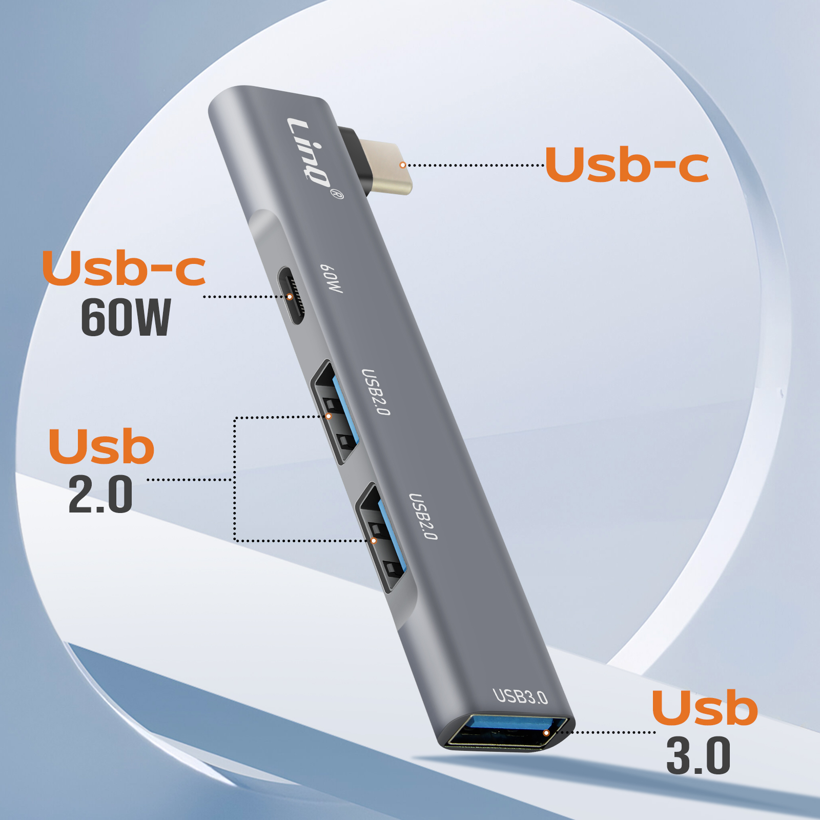 Hub USB gris avec plusieurs ports étiquetés USB 2.0, USB 3.0 et USB-C.