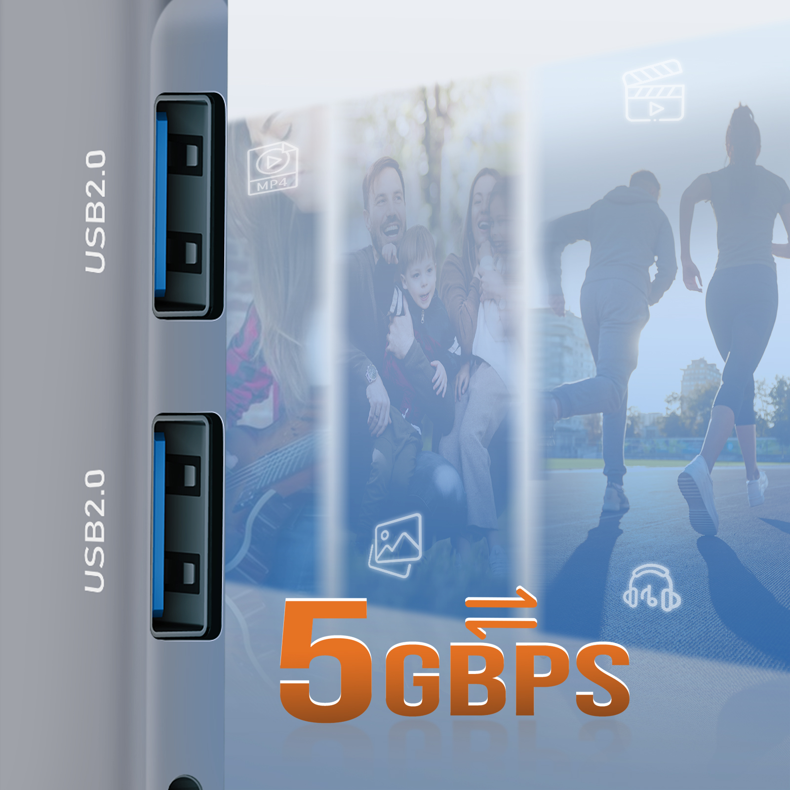Gros plan sur les ports USB avec le texte 5 GBPS. L'arrière-plan montre une famille et des coureurs.
