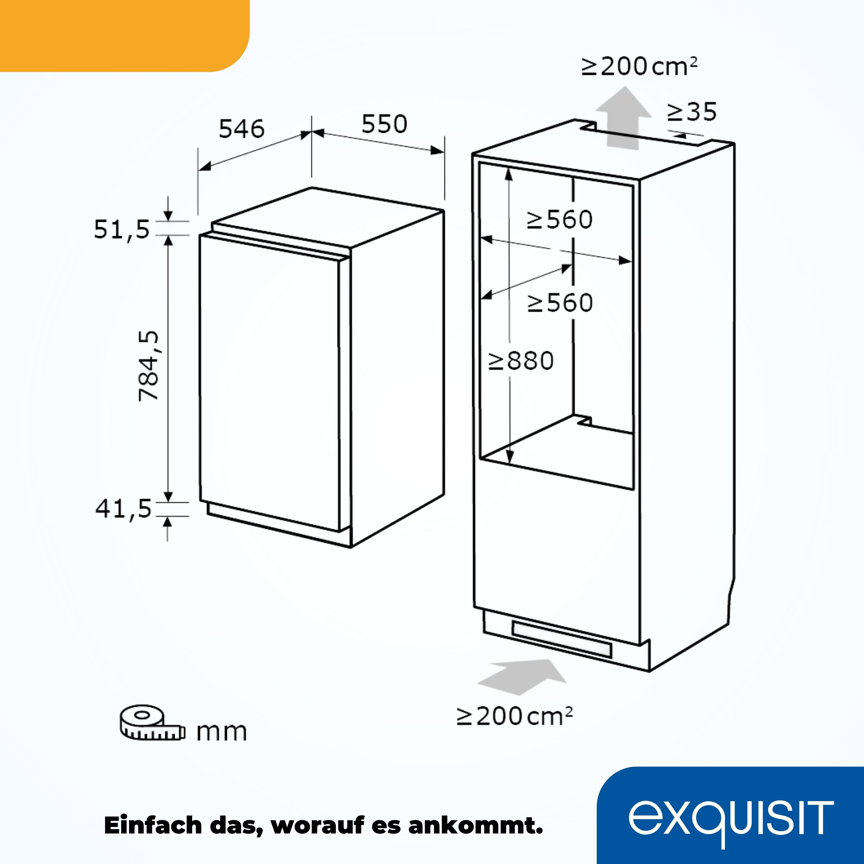 Ein Diagramm mit den Maßen eines Kühlschranks und seines Fachs, mit Abmessungen in mm.