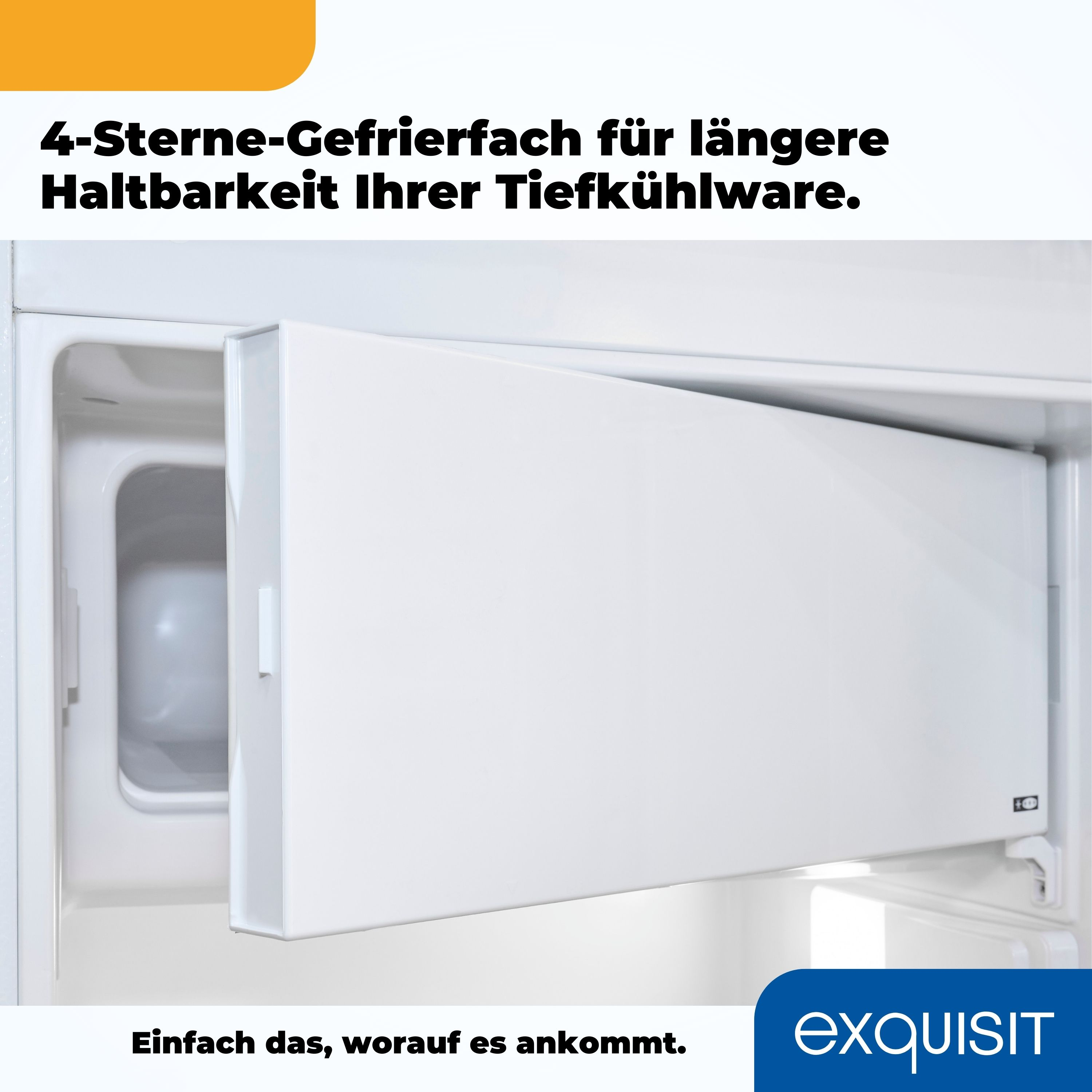 Weißer Kühlschrank mit offener Schublade. Text auf Deutsch: 