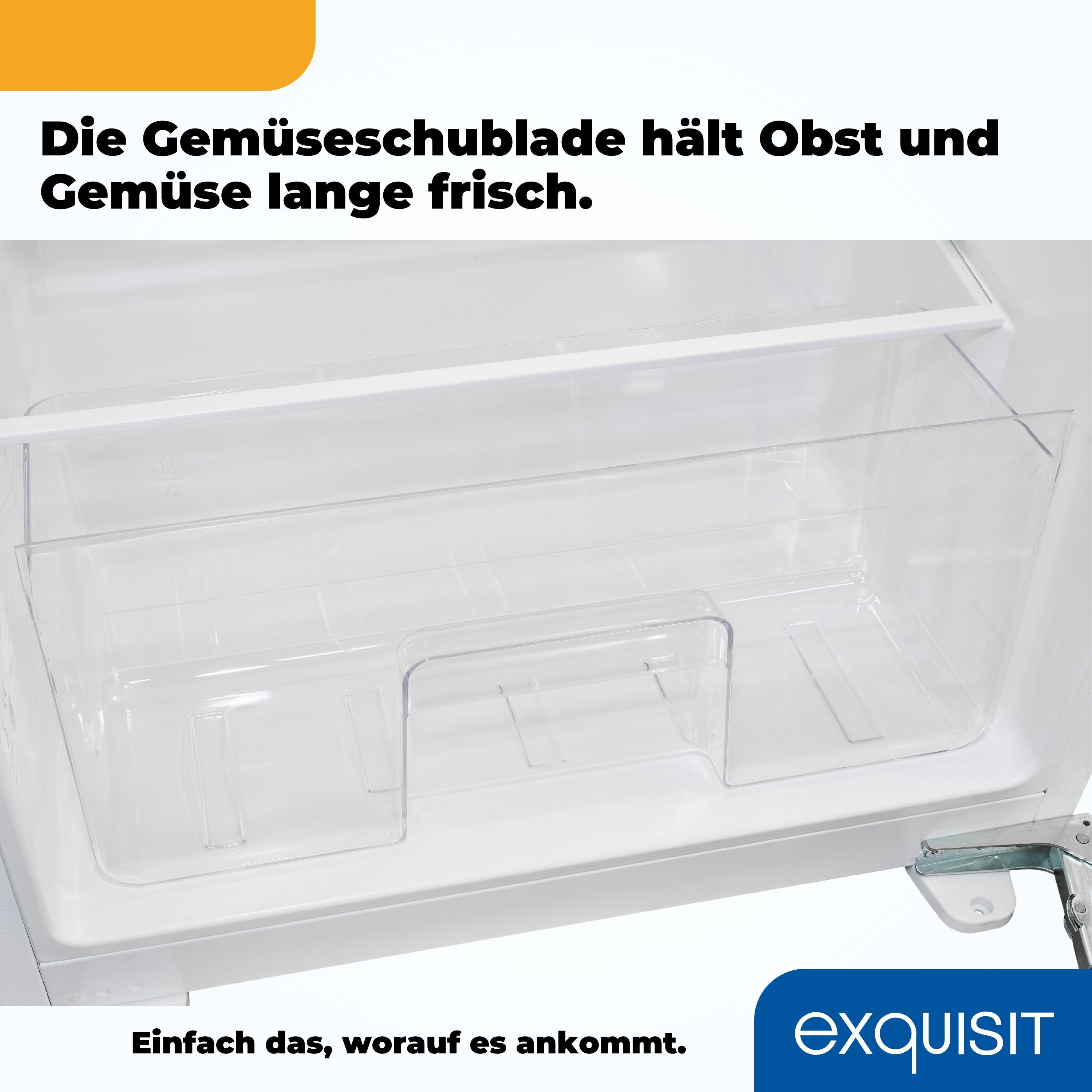 Der Innenraum eines Kühlschranks zeigt transparente Schubladen. Text: "Die Gemüseschublade hält Obst und Gemüse lange frisch."