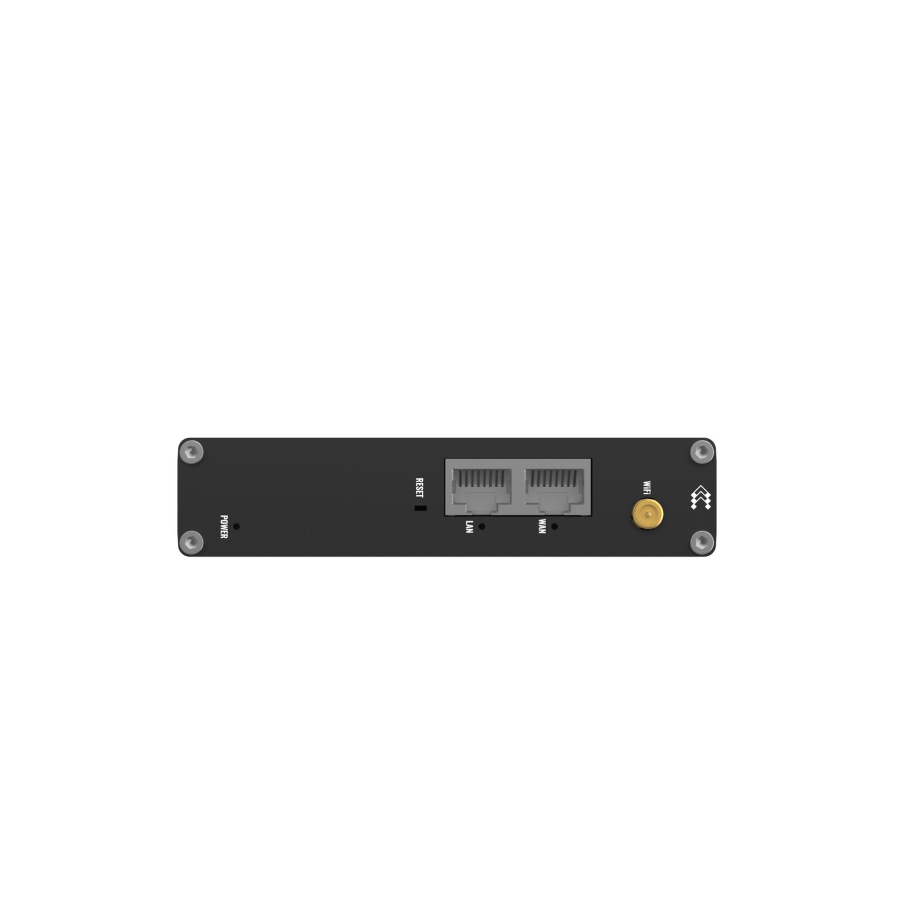 Routeur réseau noir avec ports et indicateurs. Power, Reset, LAN, WAN et WiFi étiquetés.
