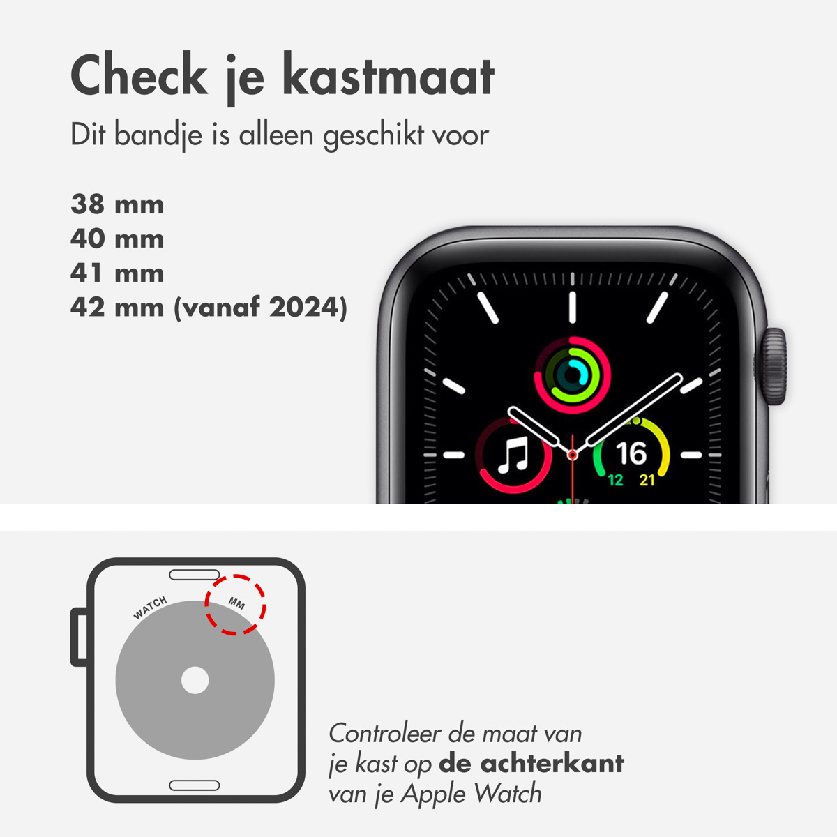 An Apple Watch displaying the time and date, with text about compatible sizes, and an illustration.