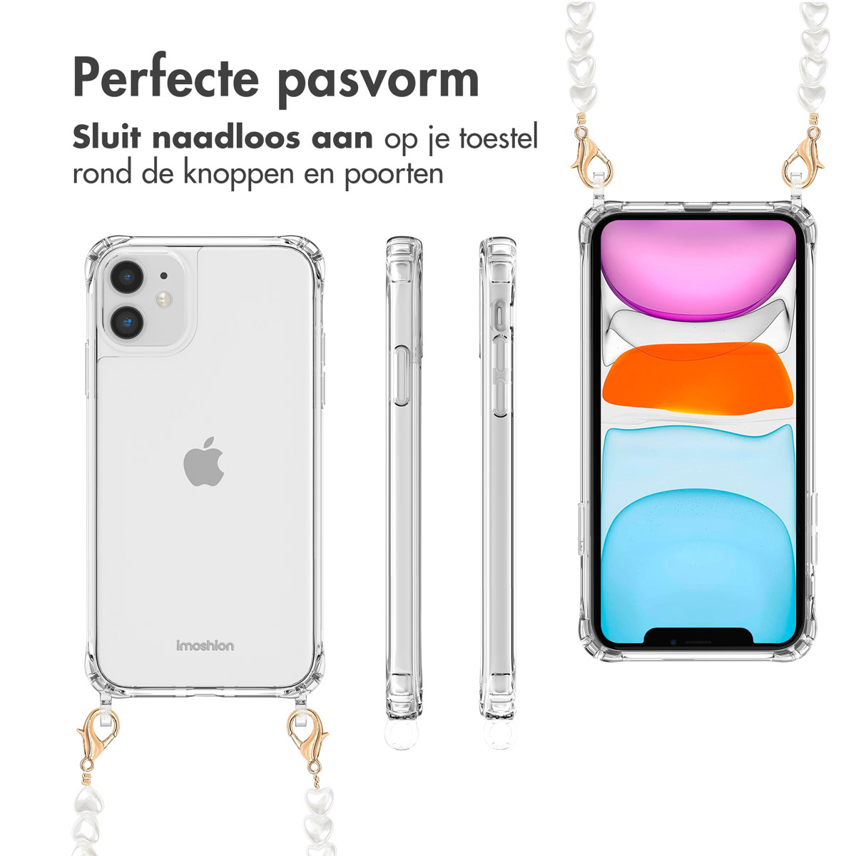 IMOSHION Backcover met koord + armband - Parels hartjes - Geschikt voor Apple iPhone 11 - Telefoonhoesje voor Apple iPhone 11 Transparant