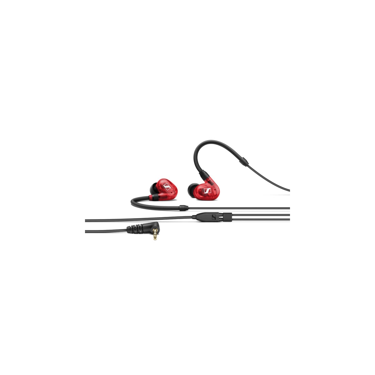Auricolari Sennheiser rossi e neri. Il cavo è nero. Gli auricolari sono su sfondo bianco.