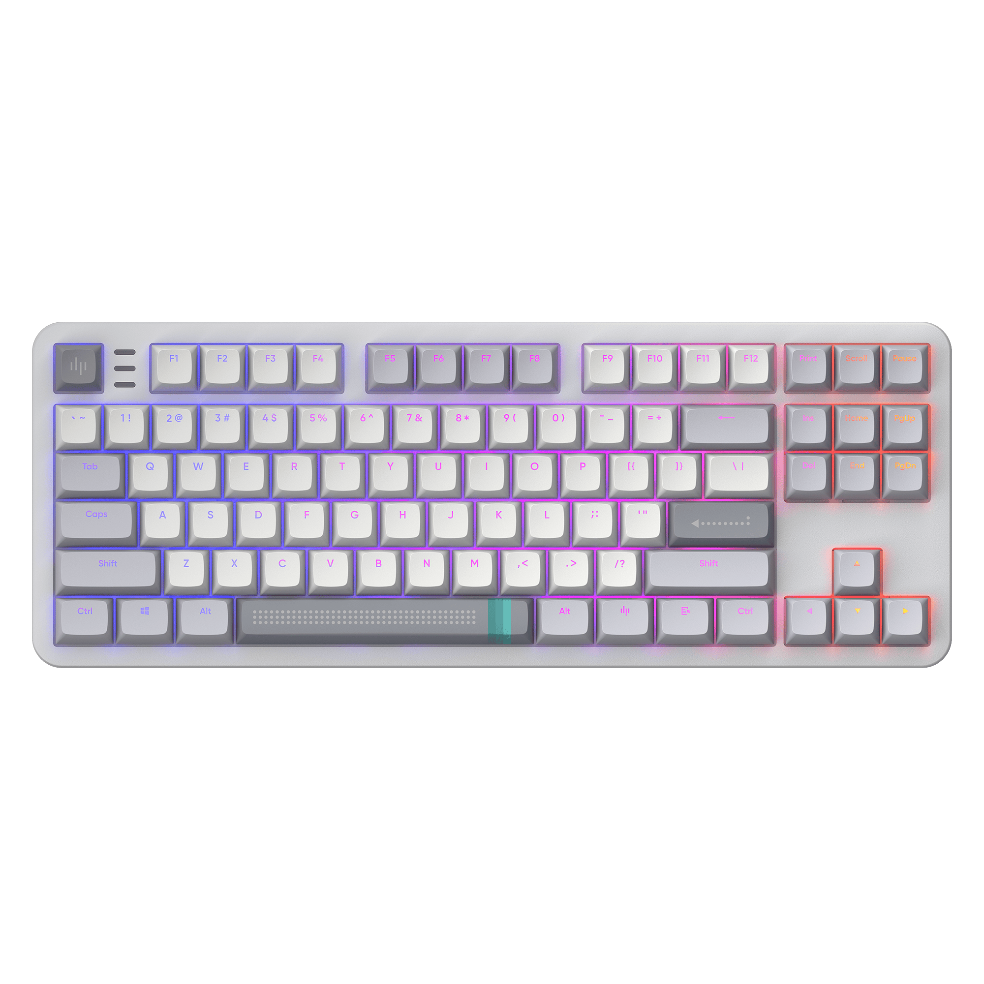 Graue mechanische Tastatur mit hintergrundbeleuchteten Tasten. Verschiedene Farben. Schwarzer Hintergrund.