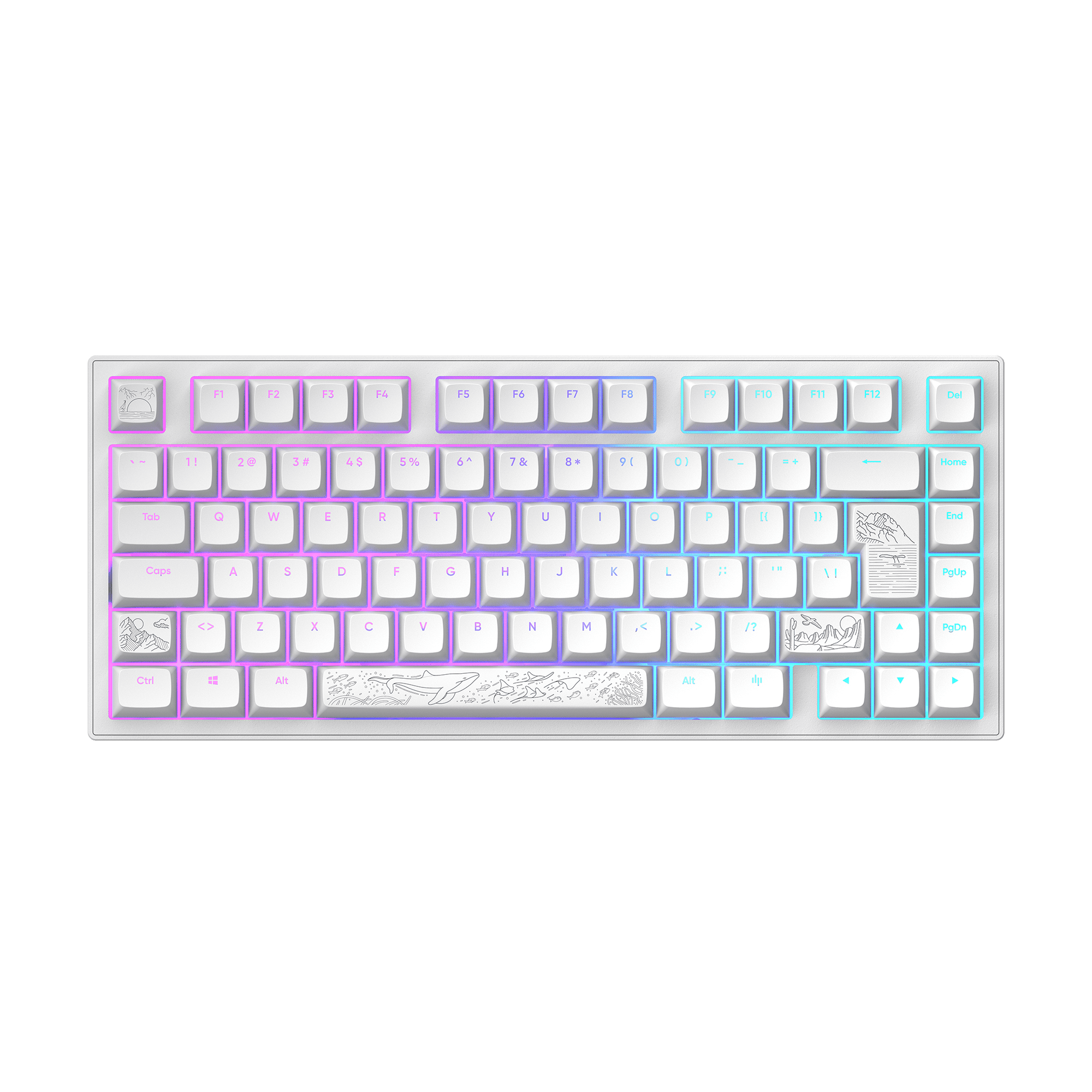 Weiße Tastatur mit farbigen Tasten, einem Design auf der Leertaste und schwarzem Hintergrund.