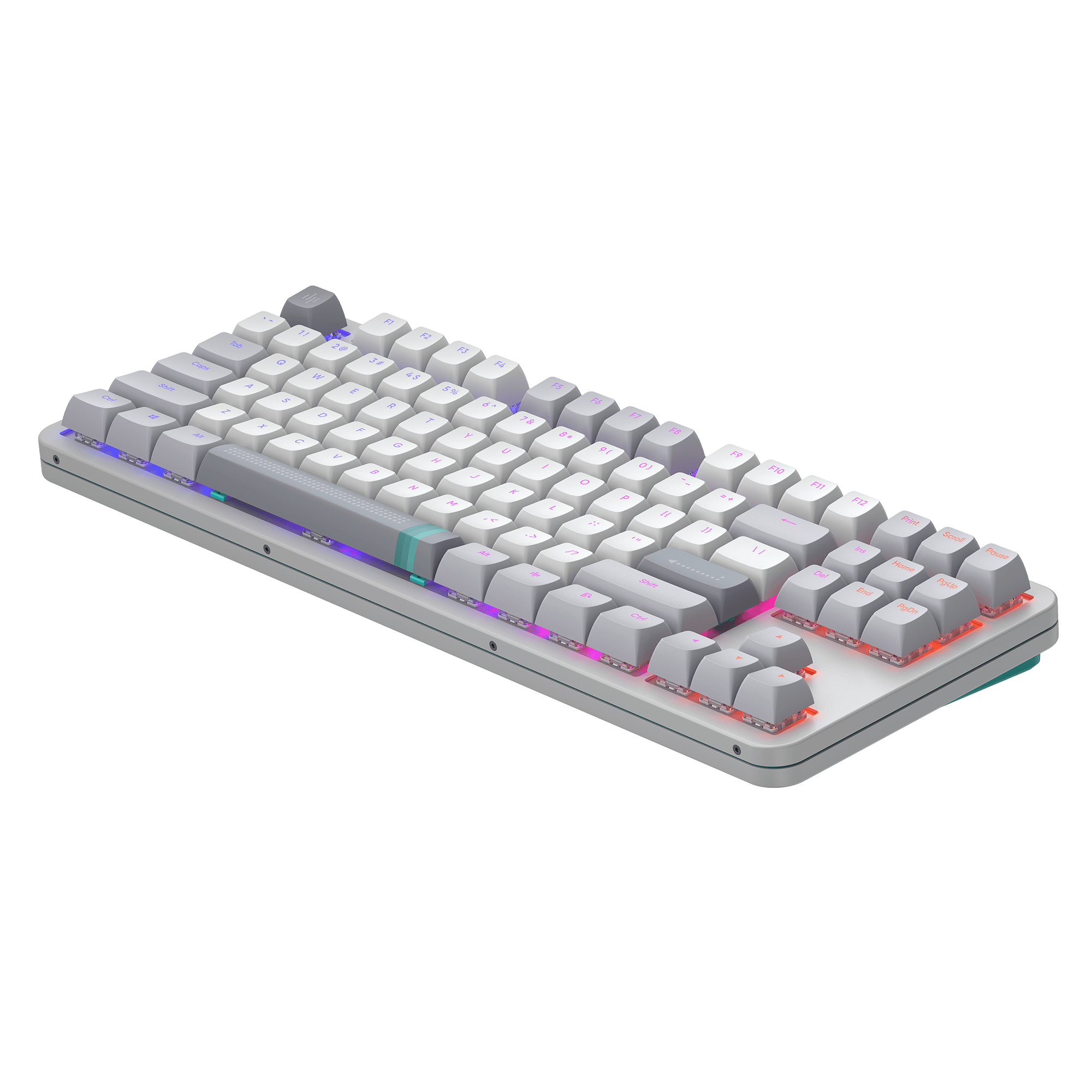 Eine weiße und graue Tastatur mit beleuchteten Tasten. Die Tastatur befindet sich auf schwarzem Hintergrund.