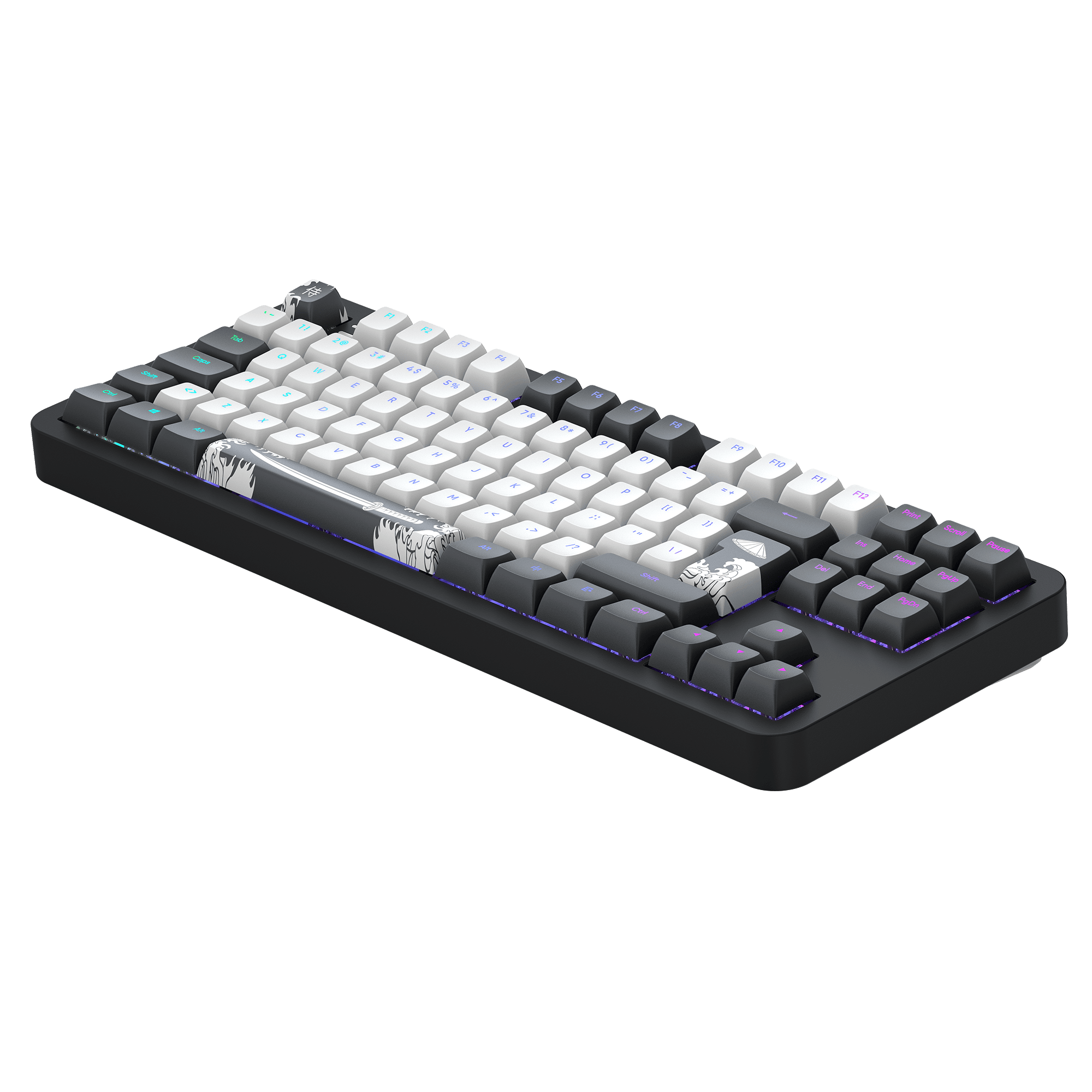 Eine schwarz-weiße mechanische Tastatur mit schwarzem Sockel.