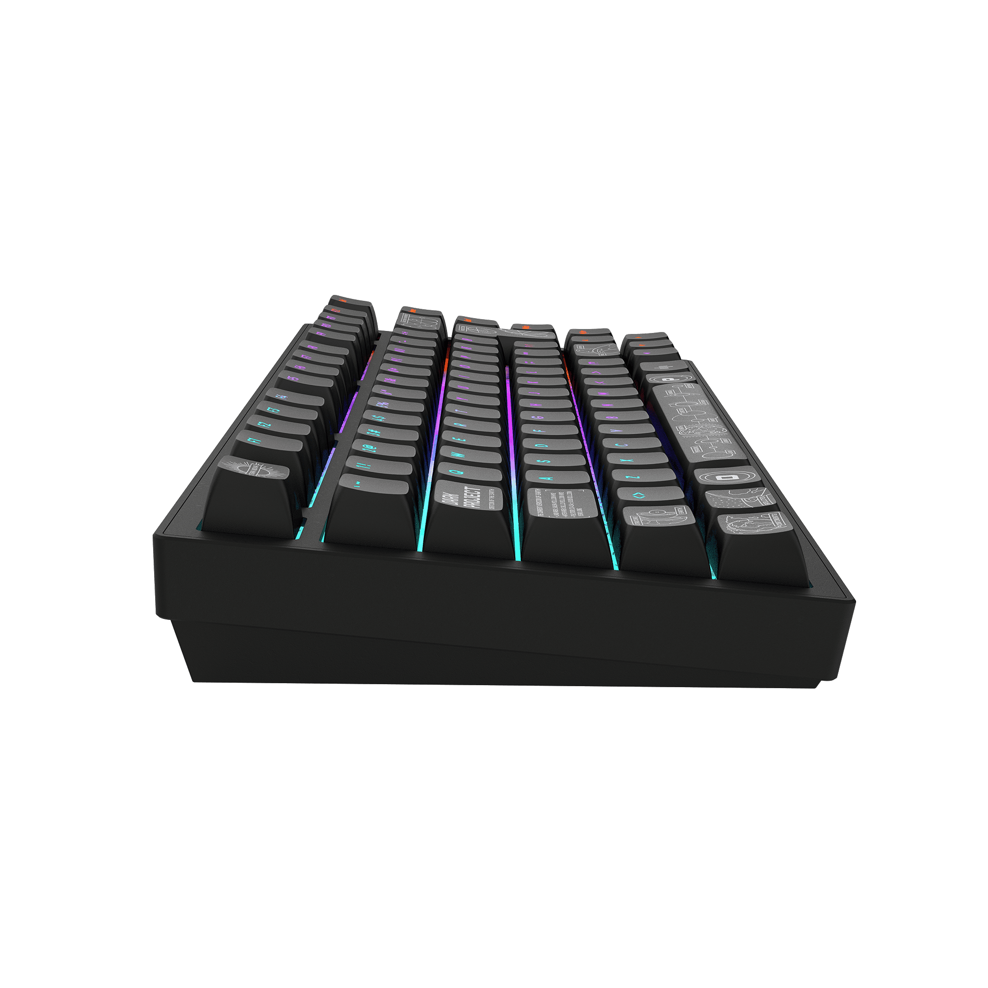 Schwarze mechanische Tastatur mit beleuchteten Tasten, die verschiedene Symbole und Zeichen zeigen.