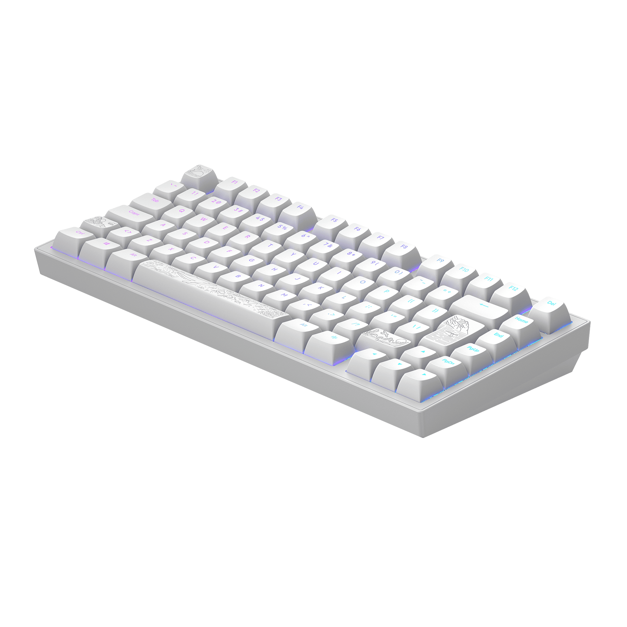 Eine weiße Tastatur mit weißen Tasten, beleuchtet von blauen und lila Lichtern, auf dunklem Hintergrund.