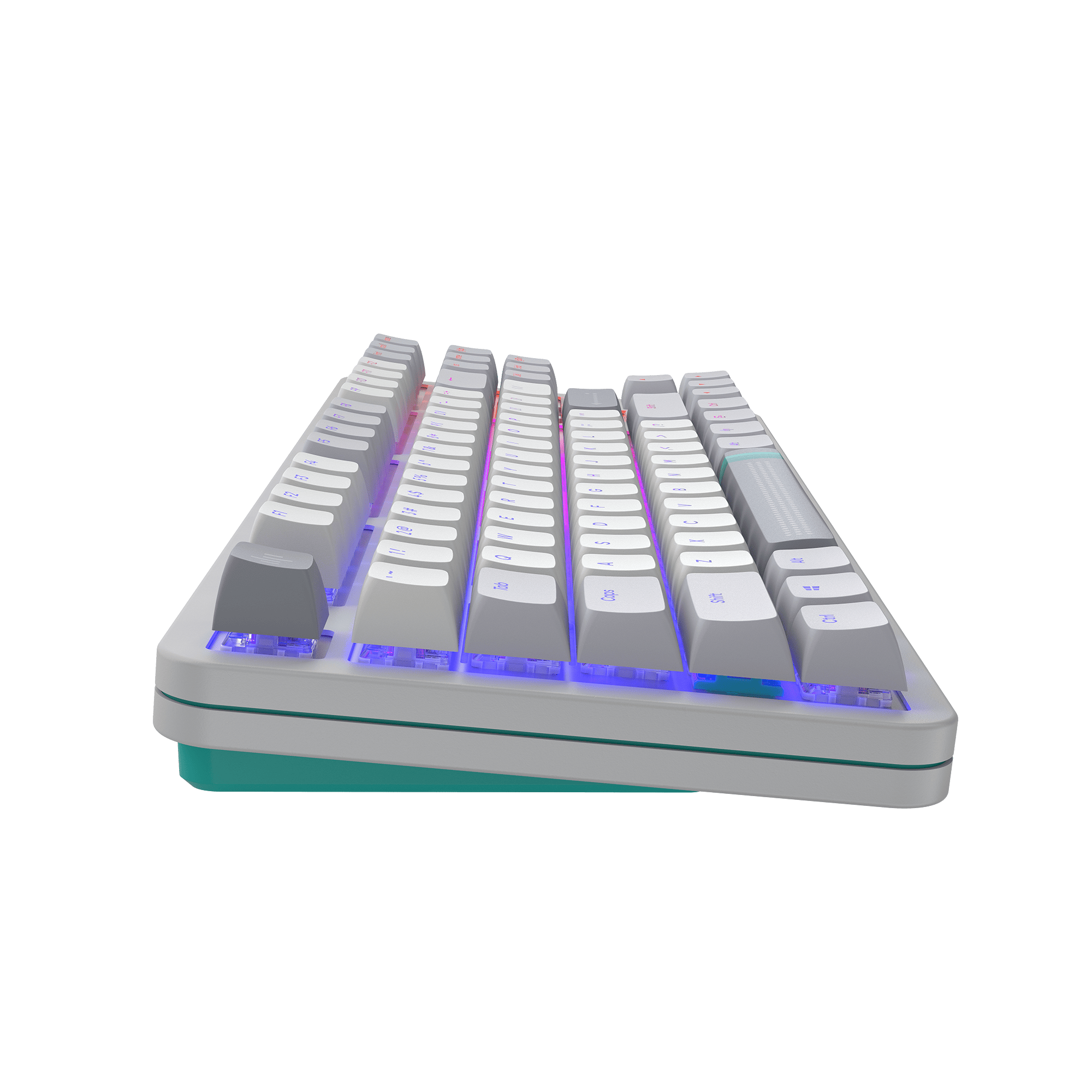 Weiße und graue Tastatur mit bunten Tasten und türkisfarbenem Sockel.