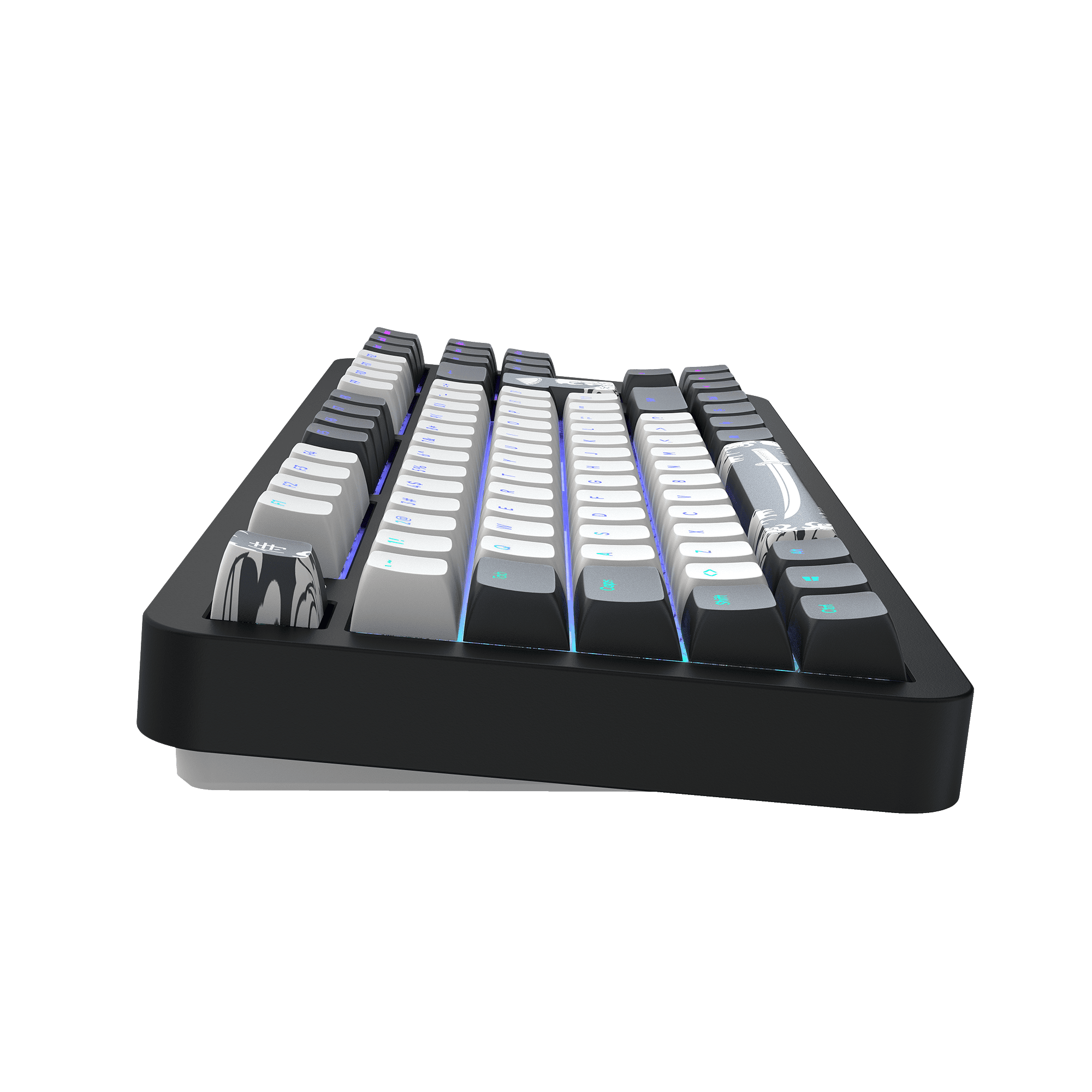 Eine schwarze Tastatur mit weißen und blauen Tastenkappen. Der Hintergrund ist schwarz.