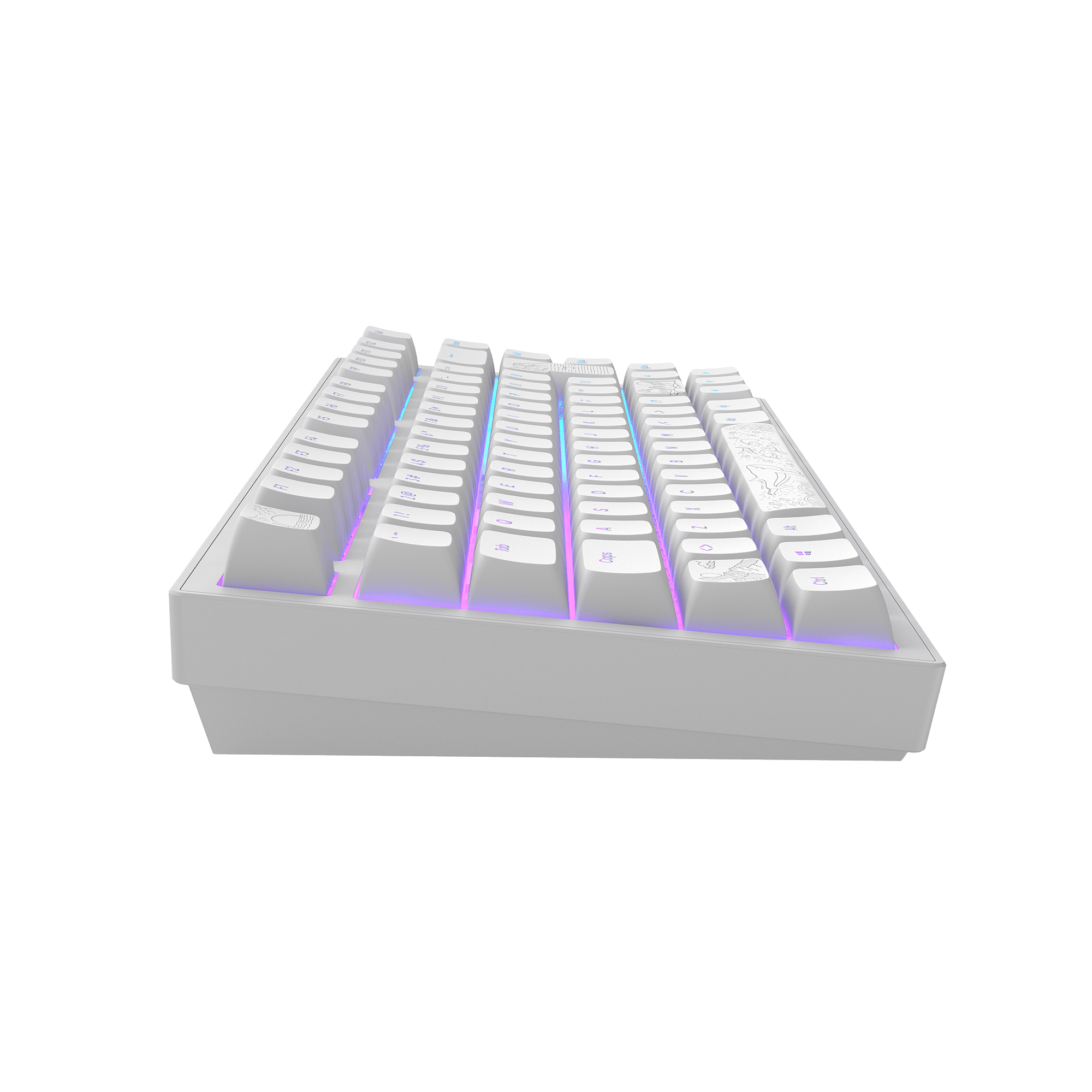 Weiße Tastatur, schräge Ansicht. Weiße Tasten, beschriftet. RGB-Beleuchtung sichtbar. Schwarzer Hintergrund.