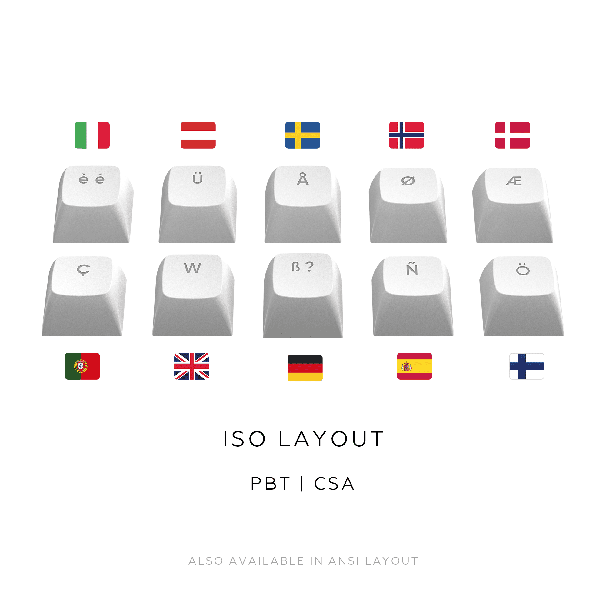 Tastenkappen mit europäischen Sprachzeichen und darüberliegenden Flaggen. Text: ISO LAYOUT, PBT | CSA, Auch in ANSI-Layout erhältlich.