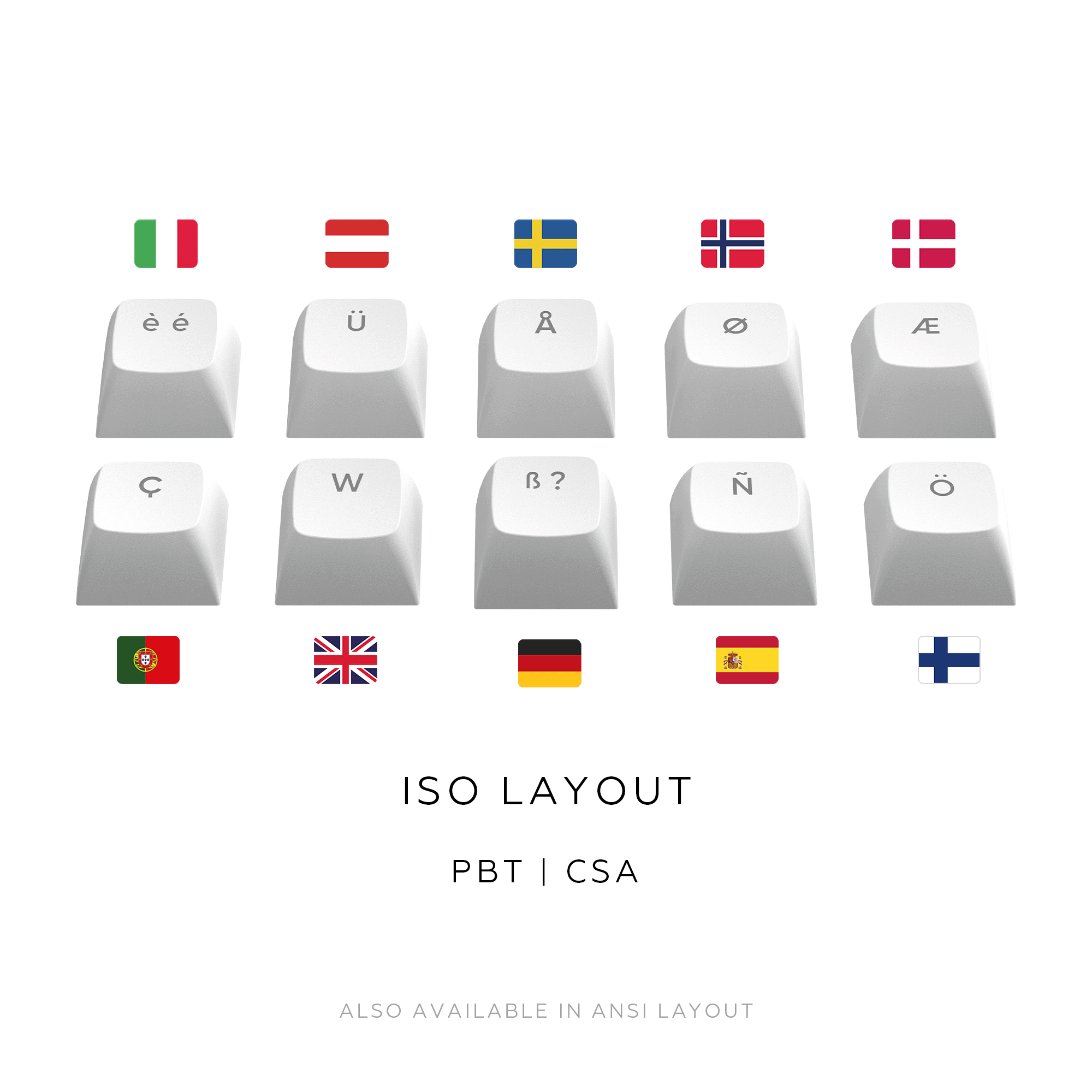 Tastaturtasten mit Flaggen und Symbolen. Layout beinhaltet ISO und PBT CSA.