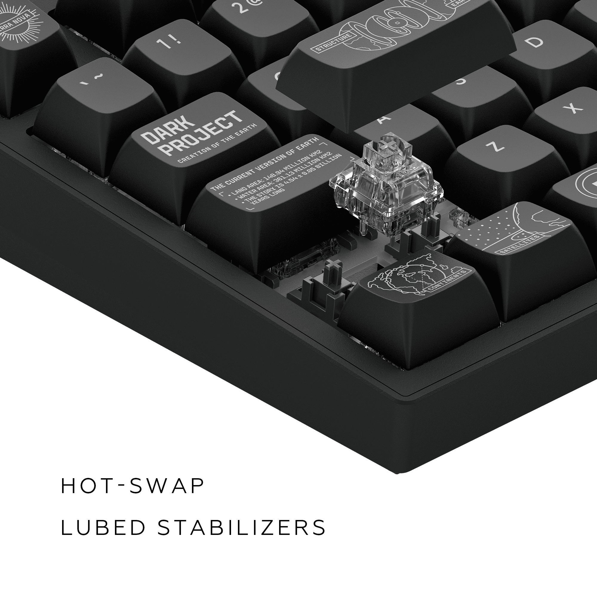 Nahaufnahme einer schwarzen Tastatur mit grauen Tasten. Tastenkappen sind sichtbar.