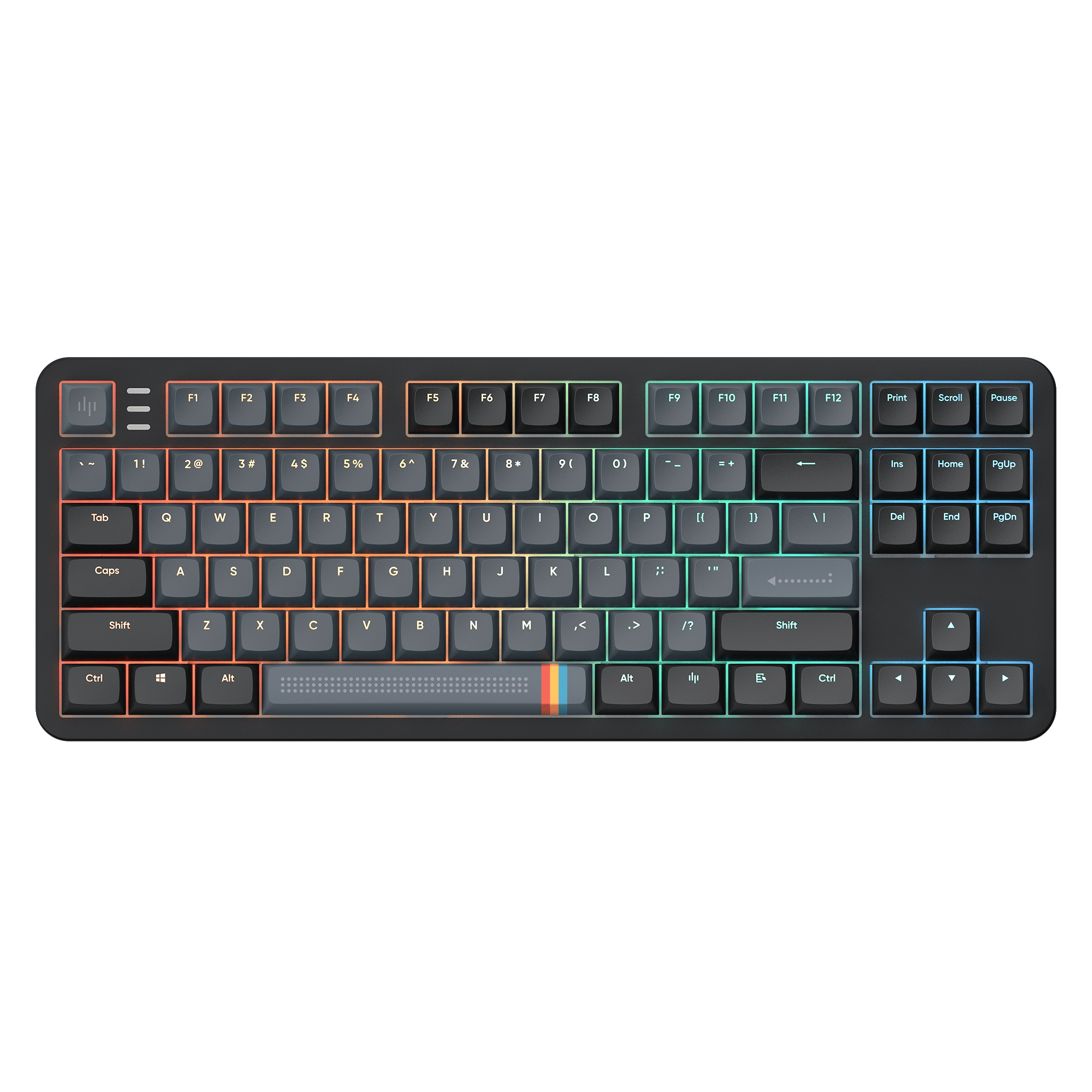 Schwarze mechanische Tastatur mit regenbogenfarbenen Tasten und mehreren Funktionen.