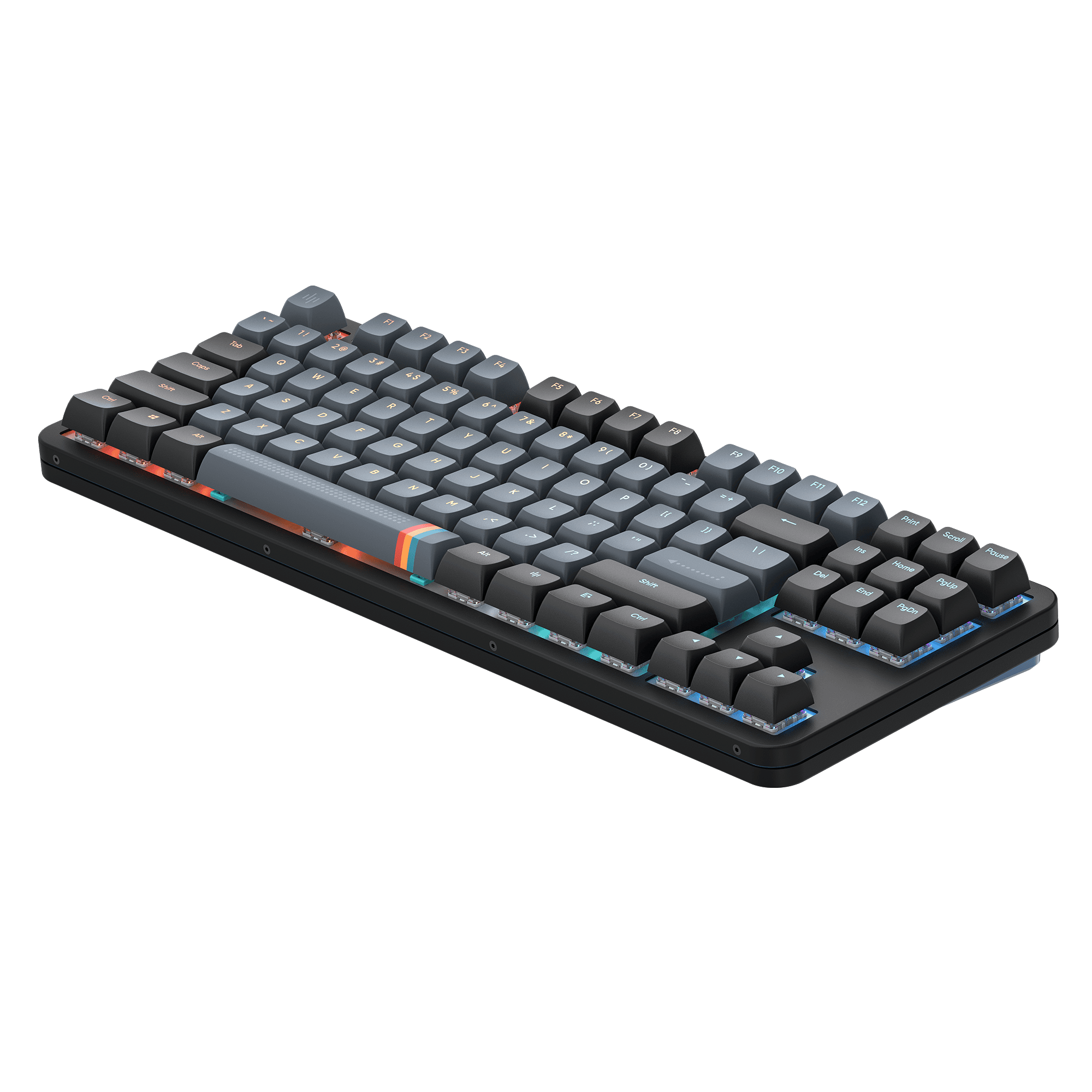 Schwarze mechanische Tastatur mit grauen Tasten. Es hat eine graue Leertaste mit orangefarbenen und blauen Streifen darauf.