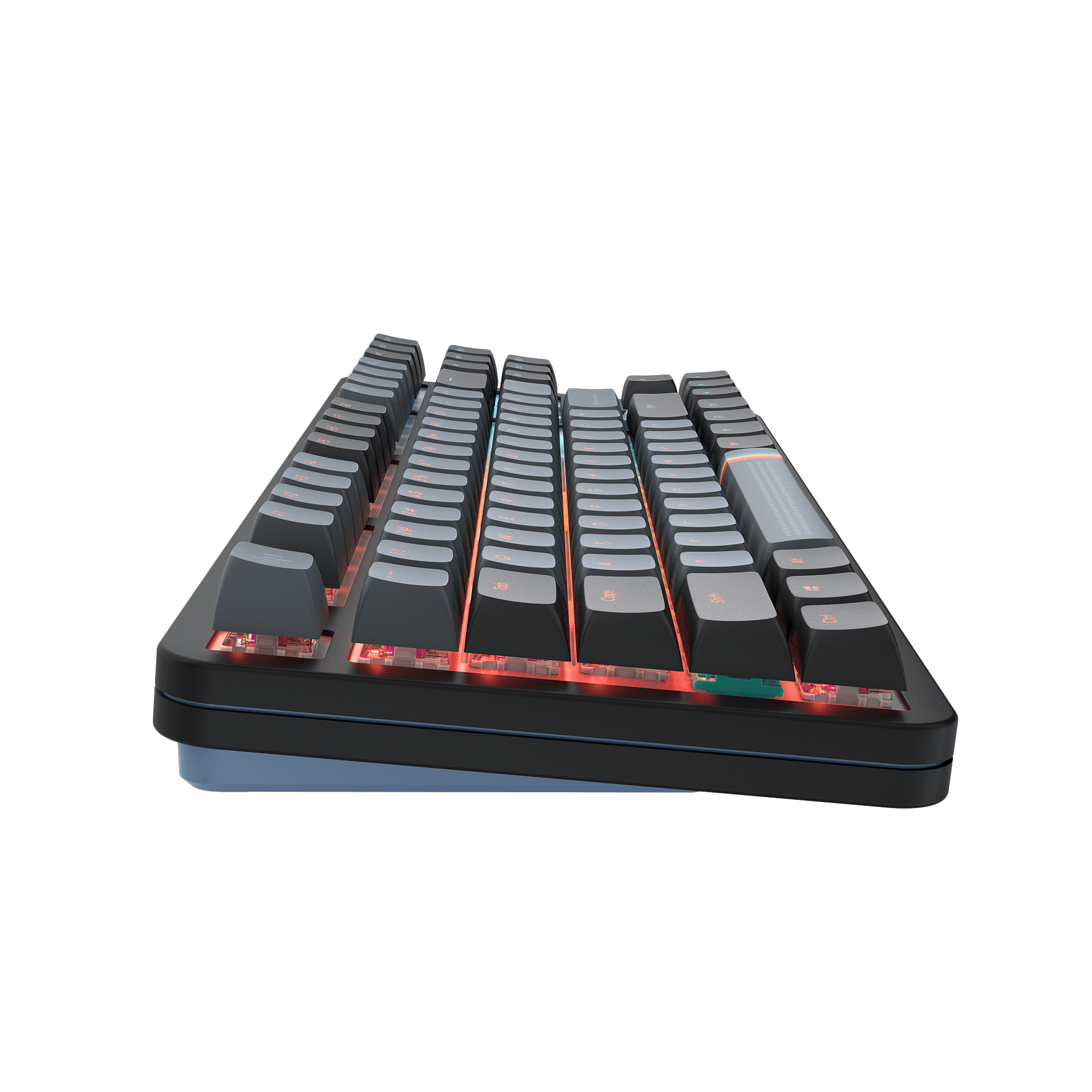 Graue Tastatur mit hintergrundbeleuchteten Tasten und schwarzem Rahmen. Die Tasten sind dunkelgrau. Schwarzer Hintergrund.
