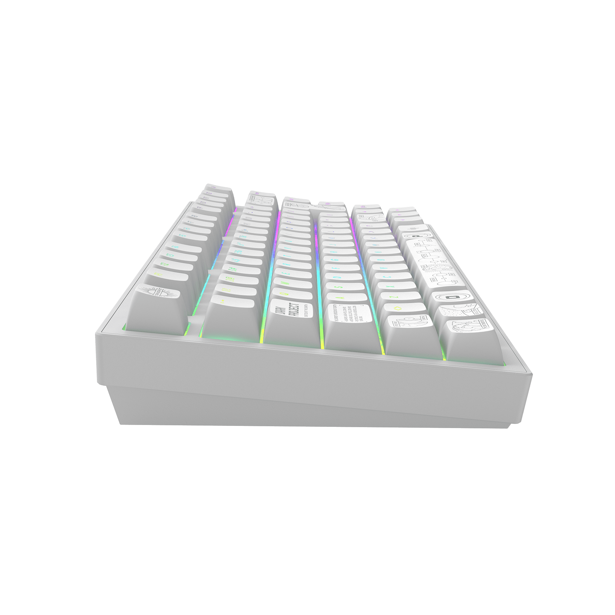 Eine weiße mechanische Tastatur mit mehrfarbig beleuchteten Tasten auf schwarzem Untergrund.