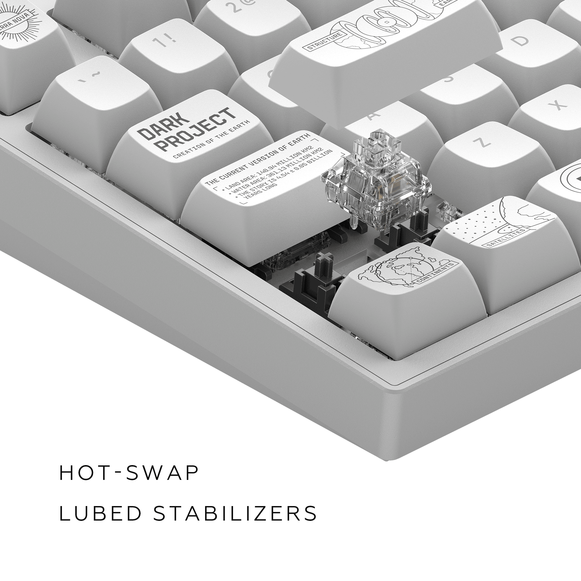Nahaufnahme einer grauen Tastatur mit entfernter Tastenkappe, die einen Schalter zeigt.