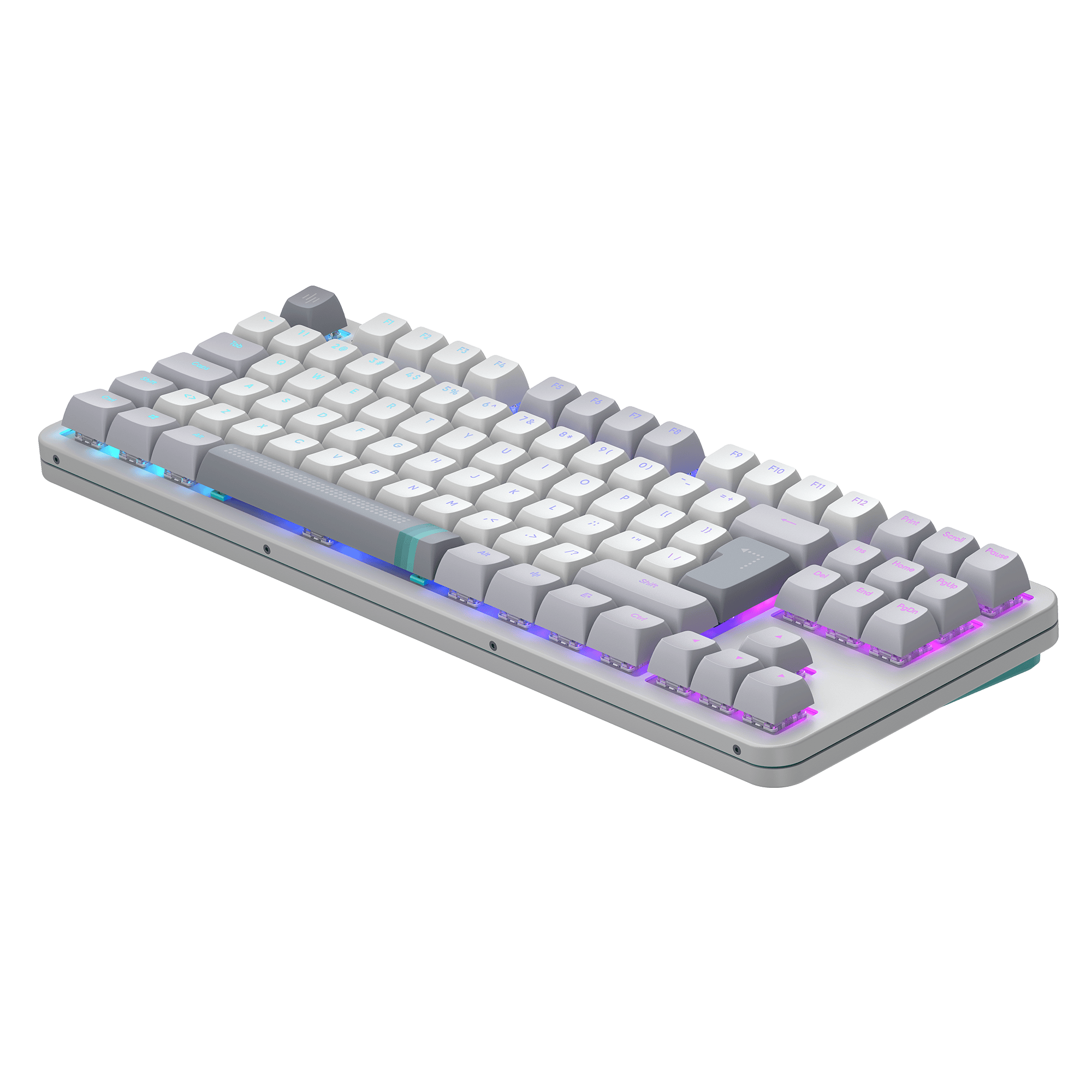 Weiße und graue Tastatur mit beleuchteten Tasten, von oben gesehen. Sie hat einen hellgrauen Rahmen und einen dunklen Hintergrund.