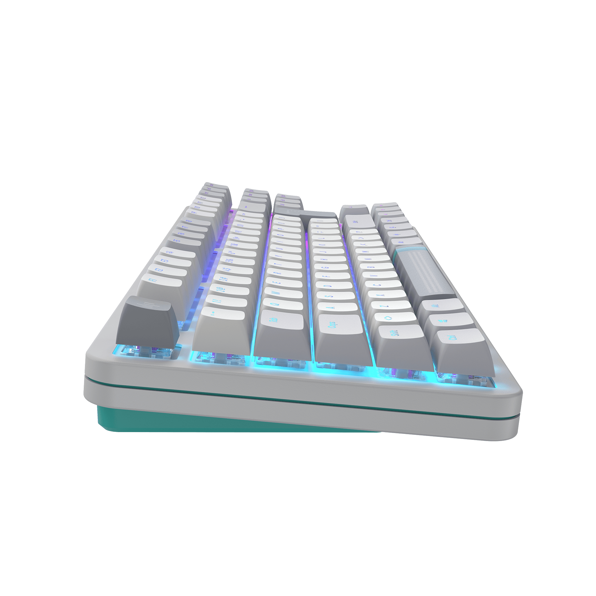 Eine weiße Tastatur mit hellblauen und grauen Tasten, auf schwarzem Hintergrund.