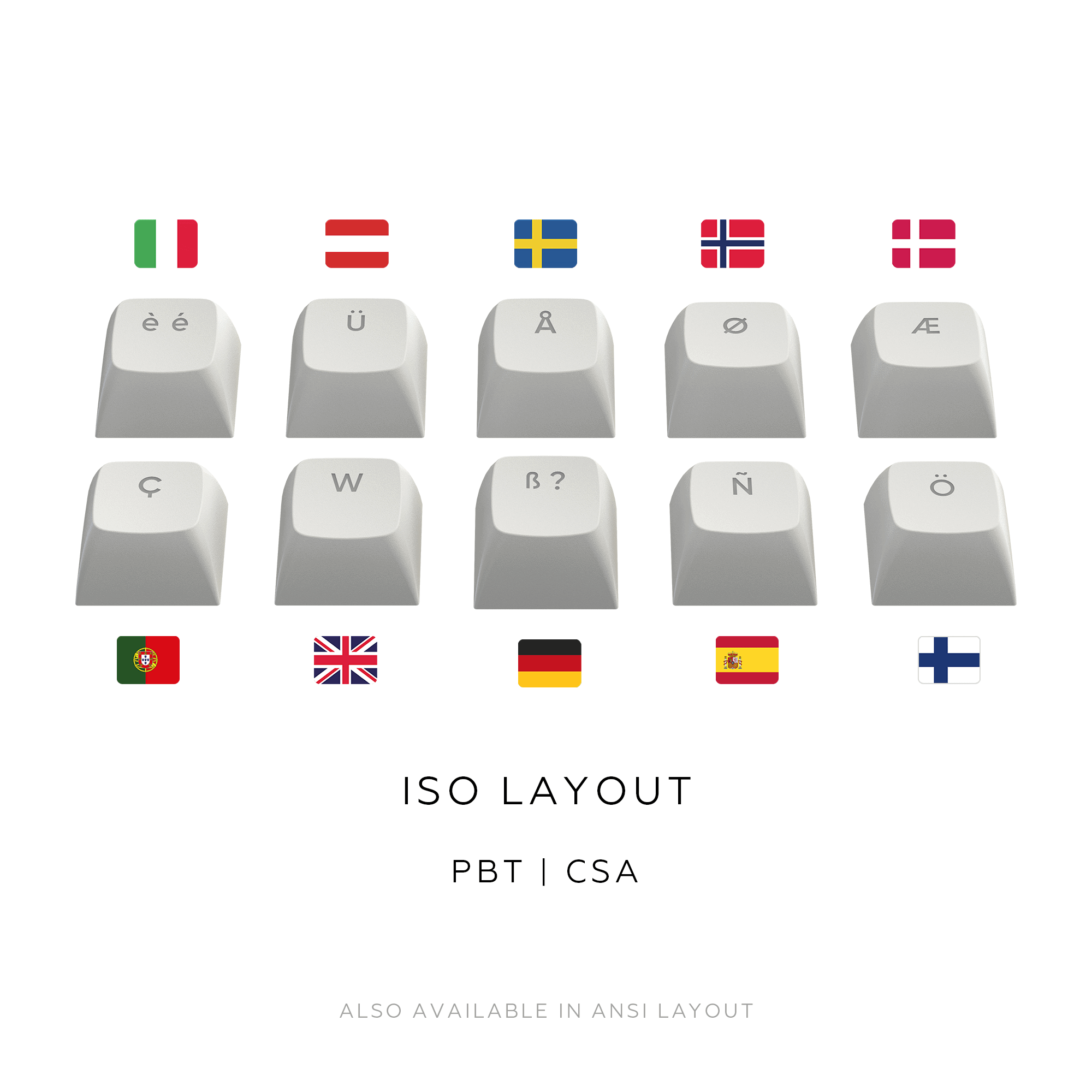 Tastaturtasten mit verschiedenen Sprachzeichen und Landesflaggen. Weiße Tasten mit Text, auf Weiß.