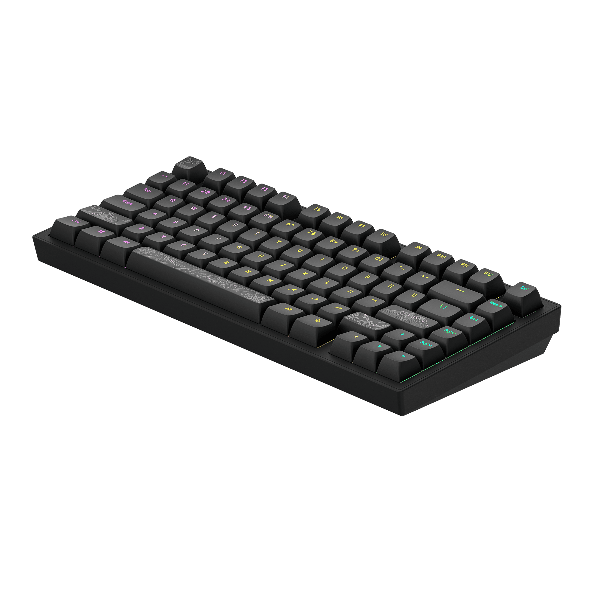 Schwarze Tastatur mit schwarzen Tasten. Es hat weiße, grüne und lila Buchstaben und Zahlen.