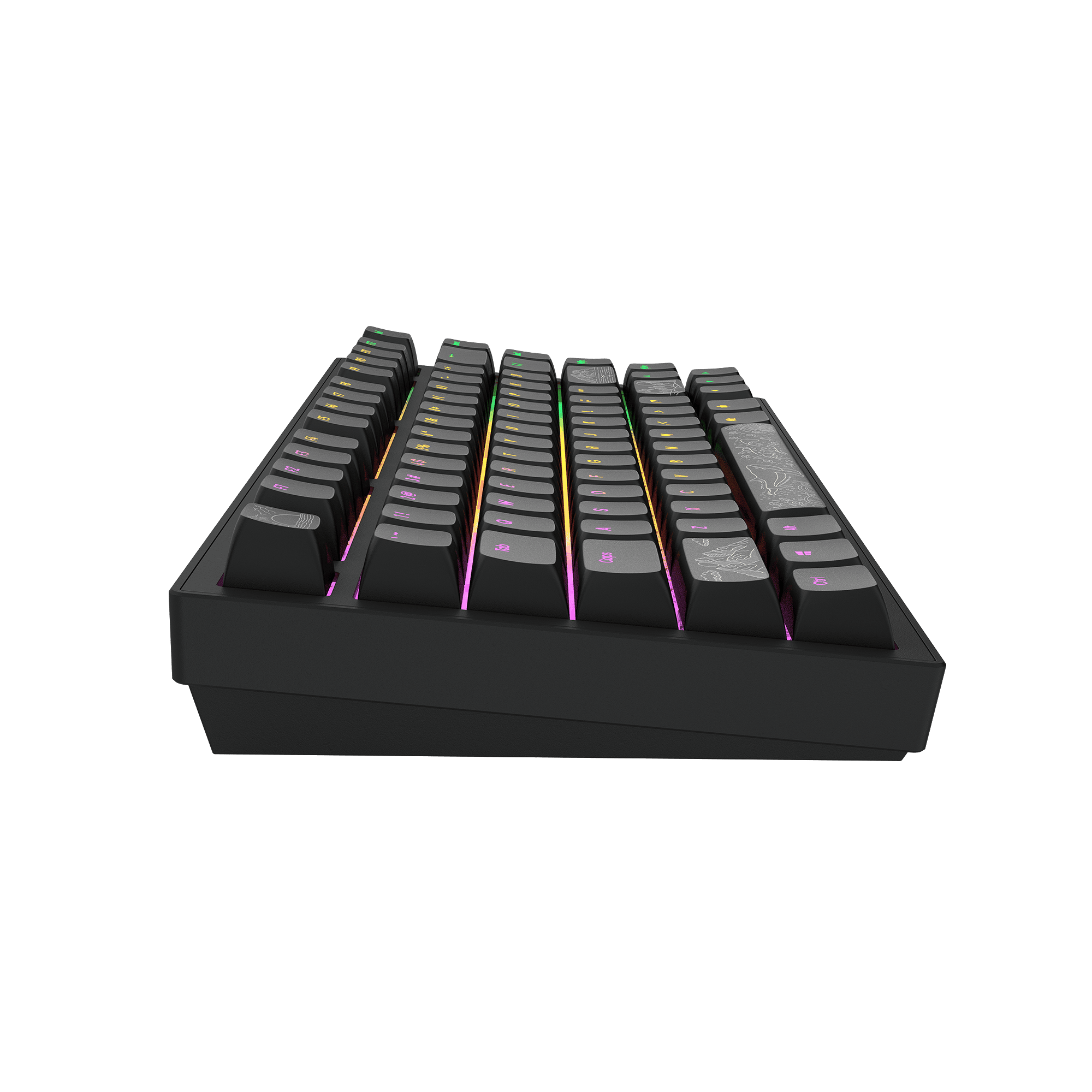 Eine schwarze Gaming-Tastatur mit beleuchteten Tasten, schräge Aufnahme.