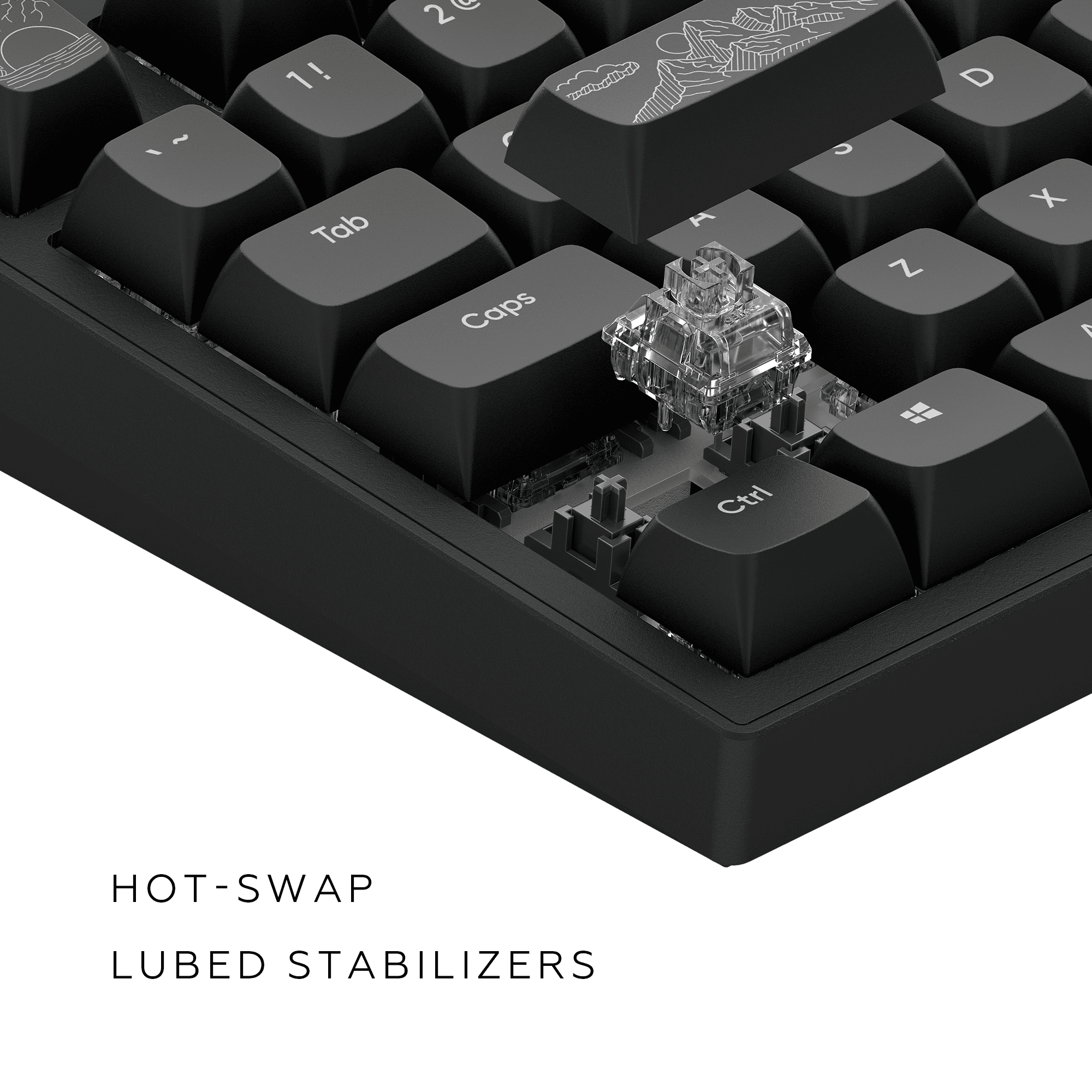 Nahaufnahme einer schwarzen mechanischen Tastatur mit entfernter Feststelltaste, die einen klaren Schalter zeigt.