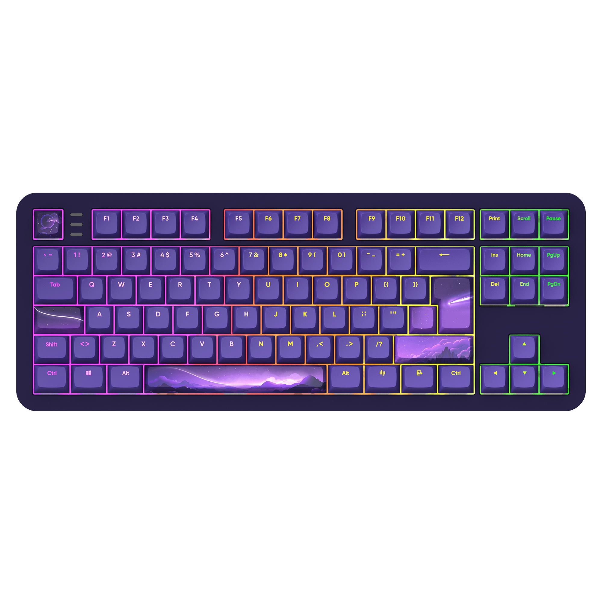 Eine lila mechanische Tastatur mit beleuchteten Tasten. Sie hat ein Weltraum-Thema und einen schwarzen Hintergrund.