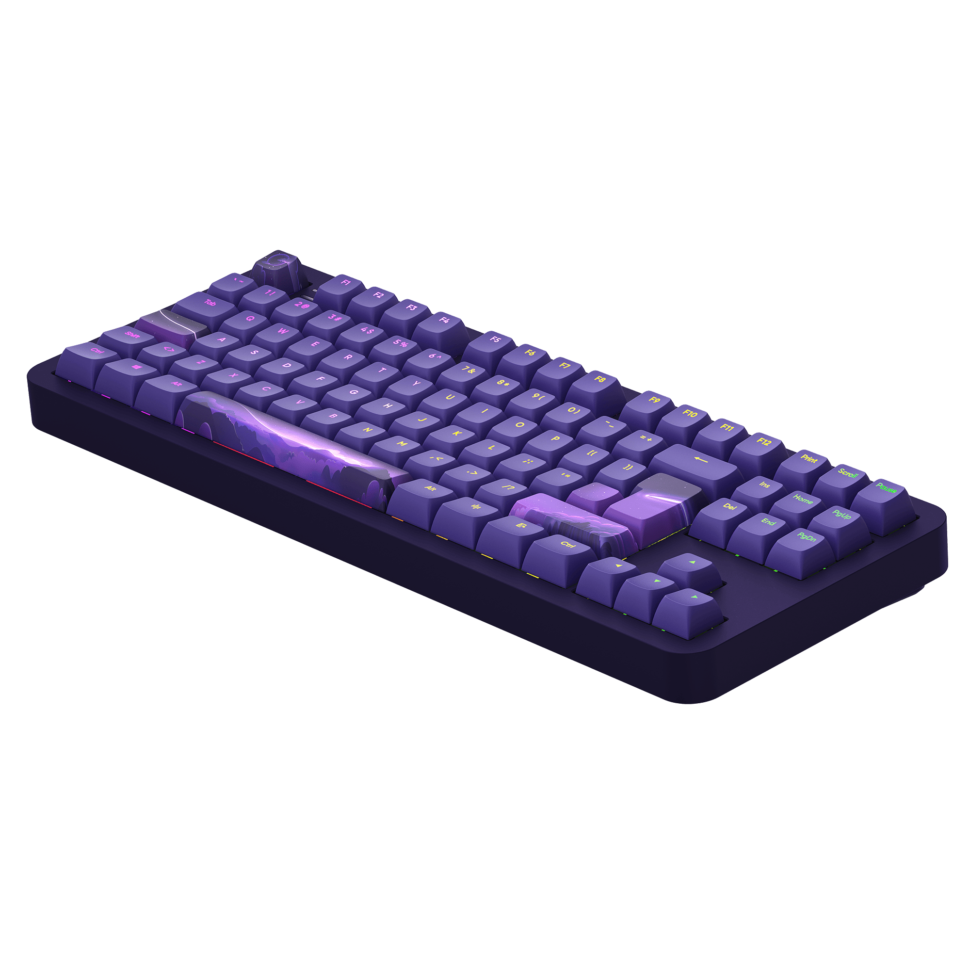 Violette mechanische Tastatur. Violette Tasten mit weißen Buchstaben. Schwarzer Rahmen. Schwarzer Hintergrund.