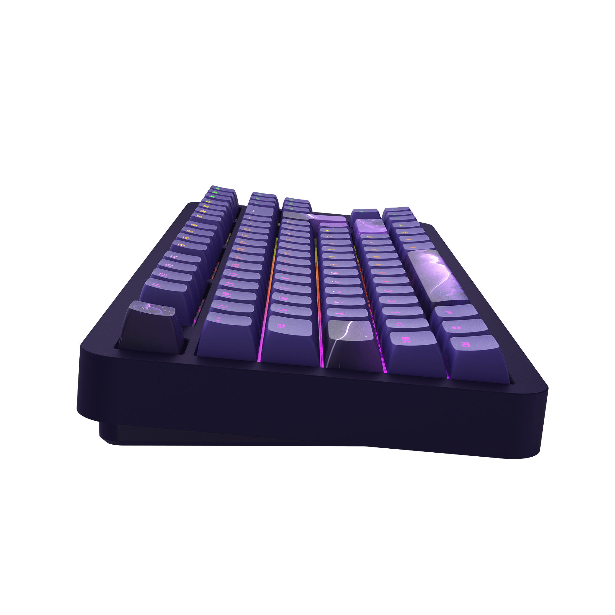 Eine lila Gaming-Tastatur mit beleuchteten Tasten. Die Tasten sind in Reihen angeordnet.