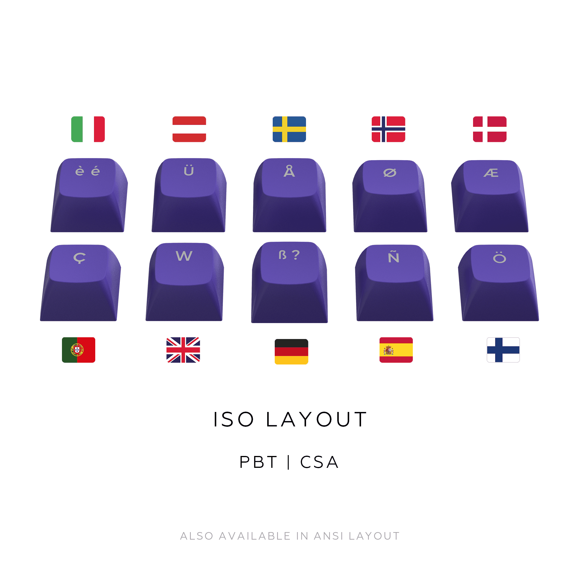 Tastaturtasten mit verschiedenen Buchstaben und Länderflaggen. ISO-Layout-Informationen.