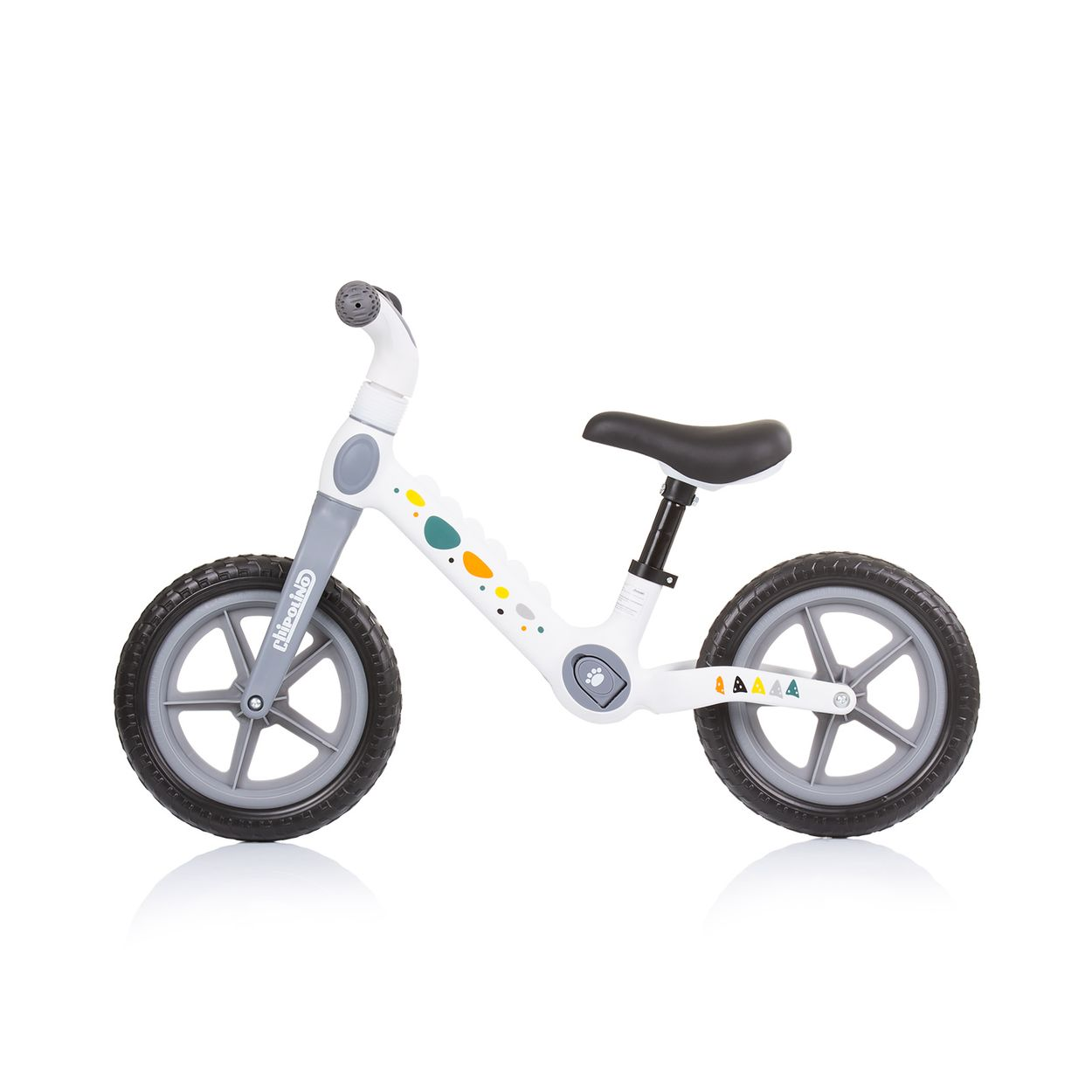 Weißes Laufrad mit grauen Reifen und Akzenten, mit einem schwarzen Sattel. Das Fahrrad hat einen weißen Rahmen und Dekorationen.
