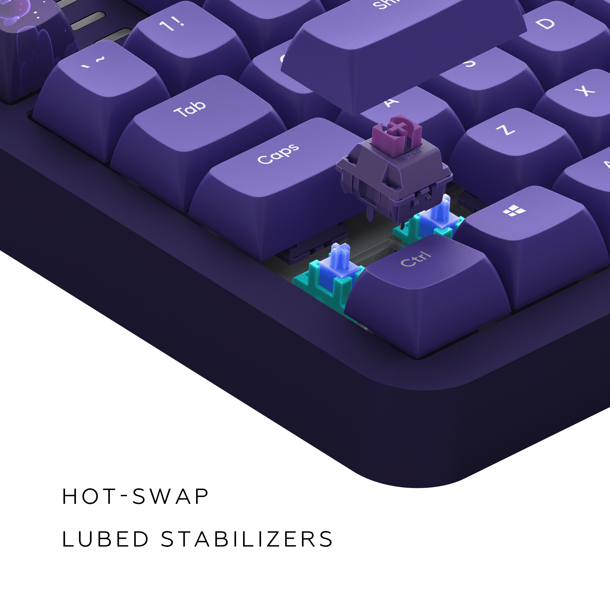 Nahaufnahme einer lila Tastatur mit entfernter Taste. Die Taste hat einen Schalter.