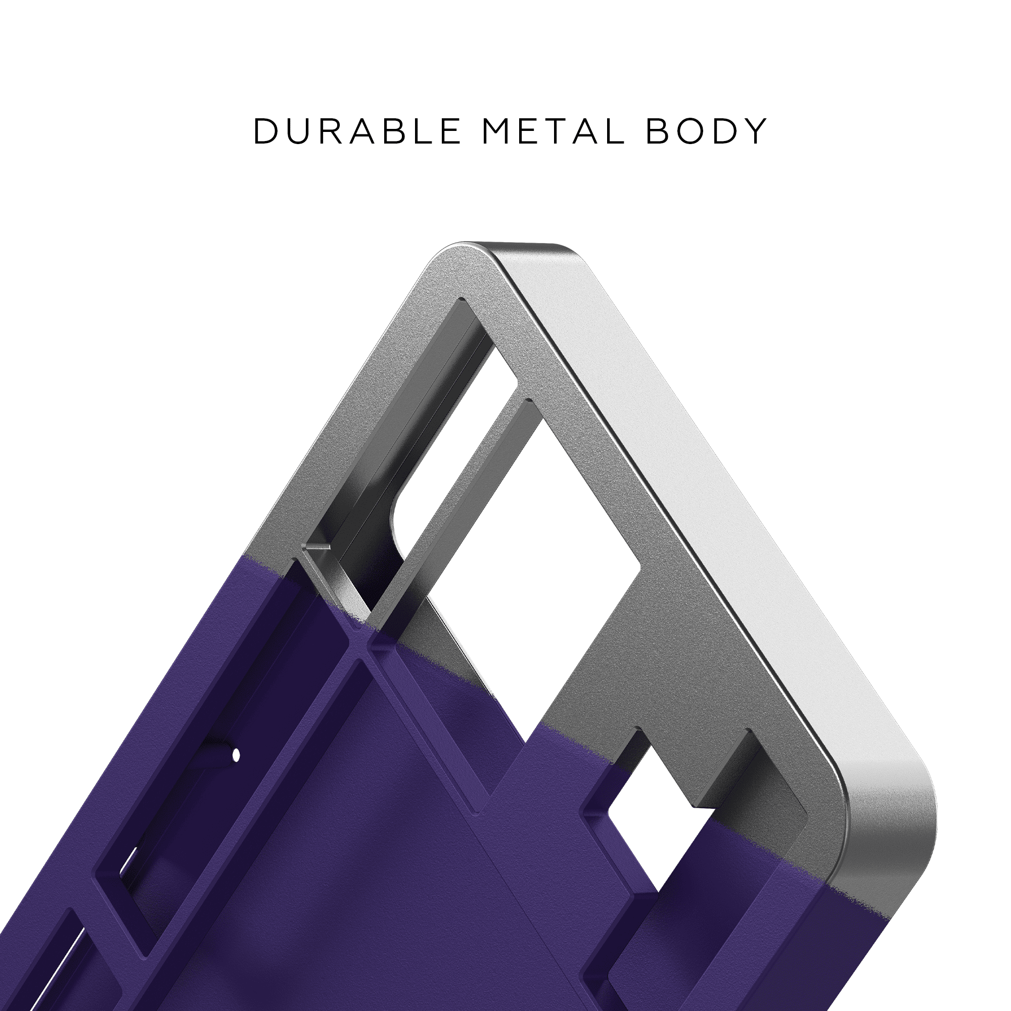 Nahaufnahme eines lila-silbernen Metallrahmens. Der Text 'DURABLE METAL BODY' steht oben.