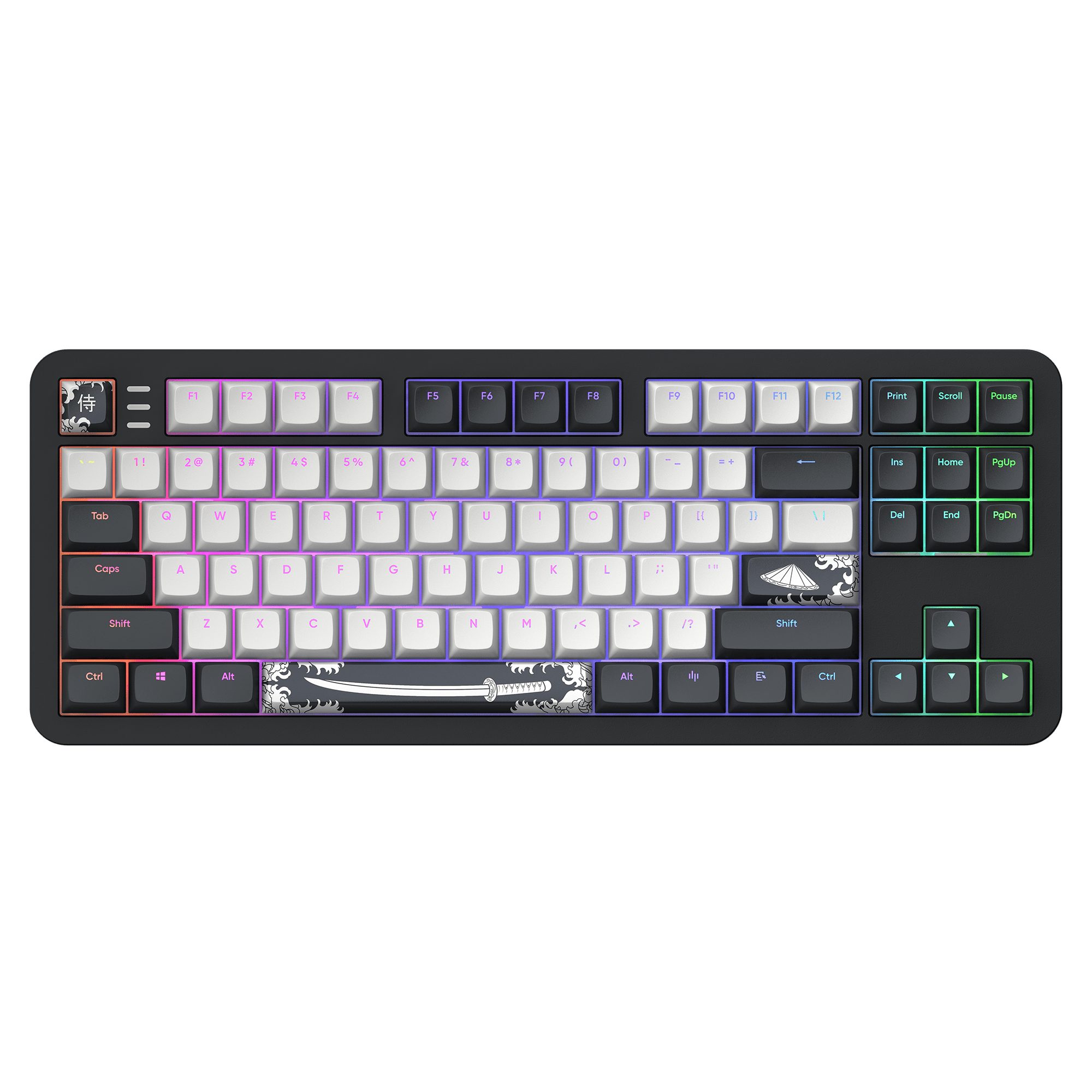 Eine schwarze Tastatur mit bunten Tasten. Sie hat ein Samurai-Schwert und ein japanisches Symbol-Design.