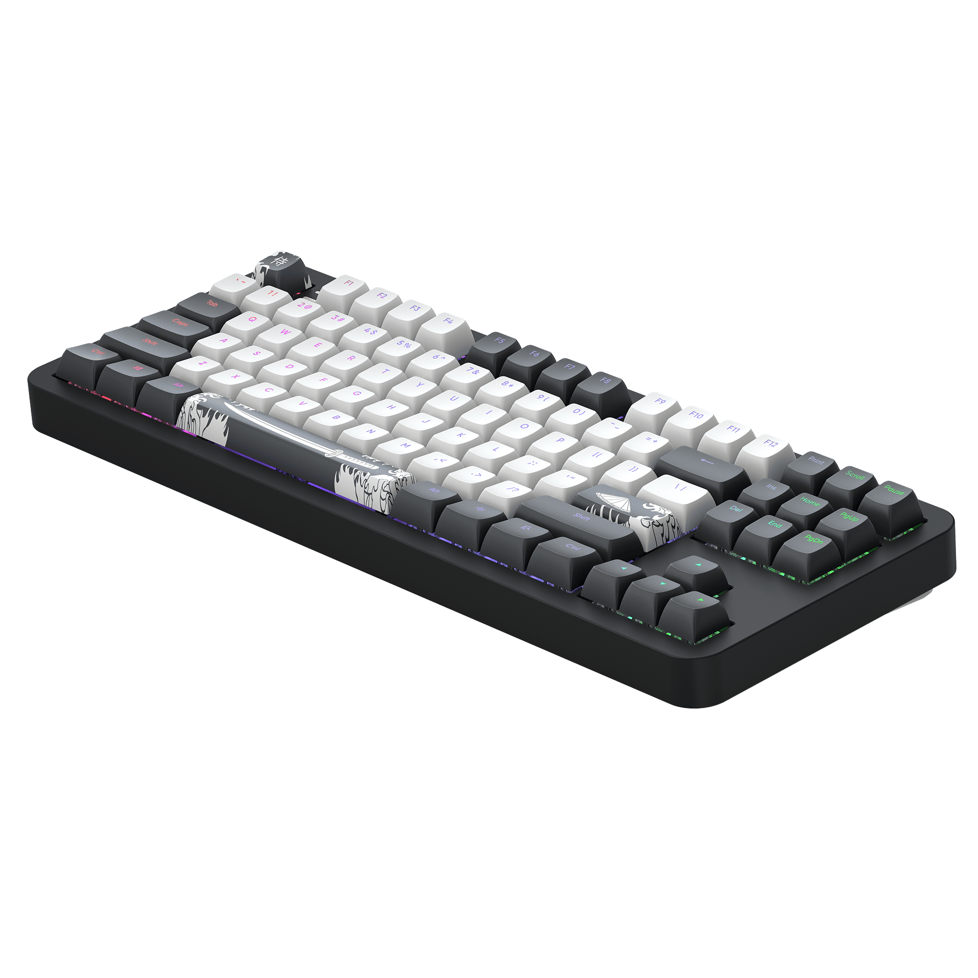 Eine schwarz-weiße Tastatur mit dunklen Tasten und ein paar farbigen Tasten.