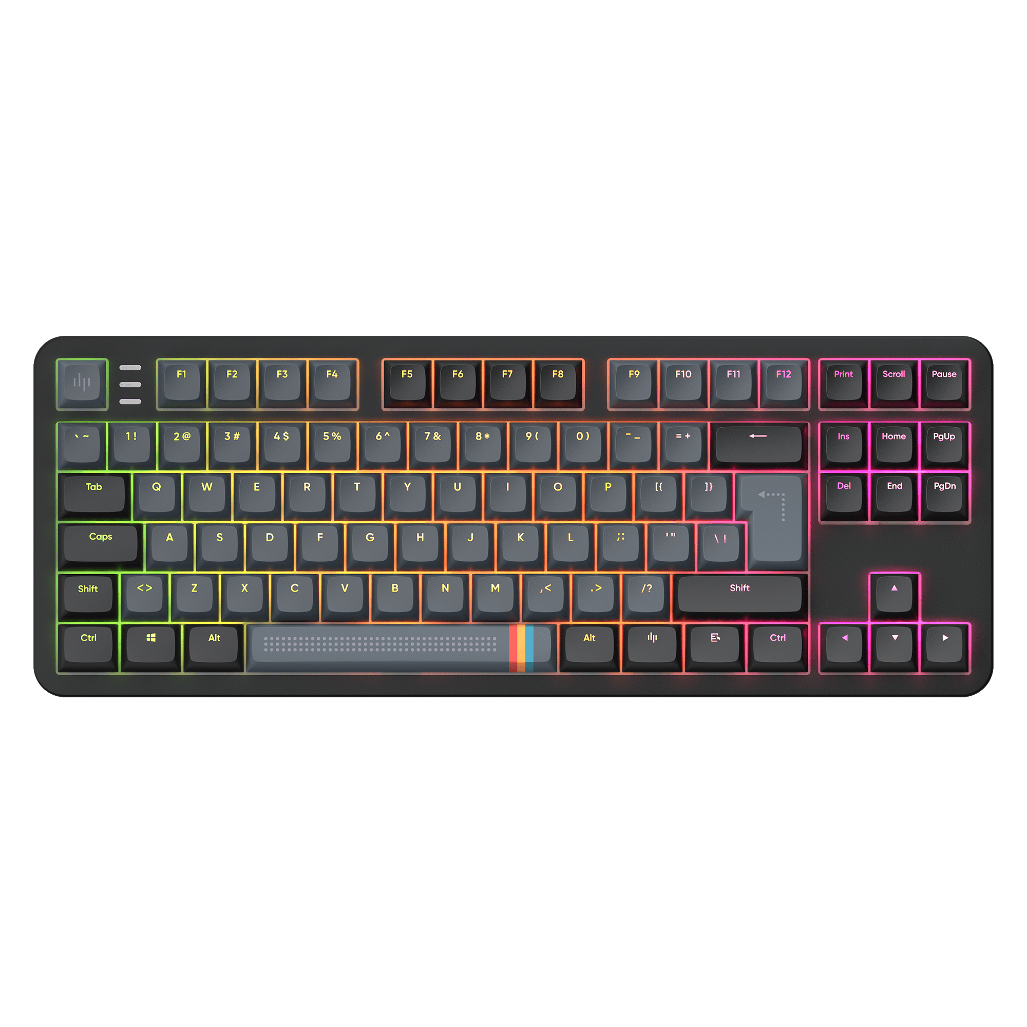 Una tastiera nera con tasti color arcobaleno.