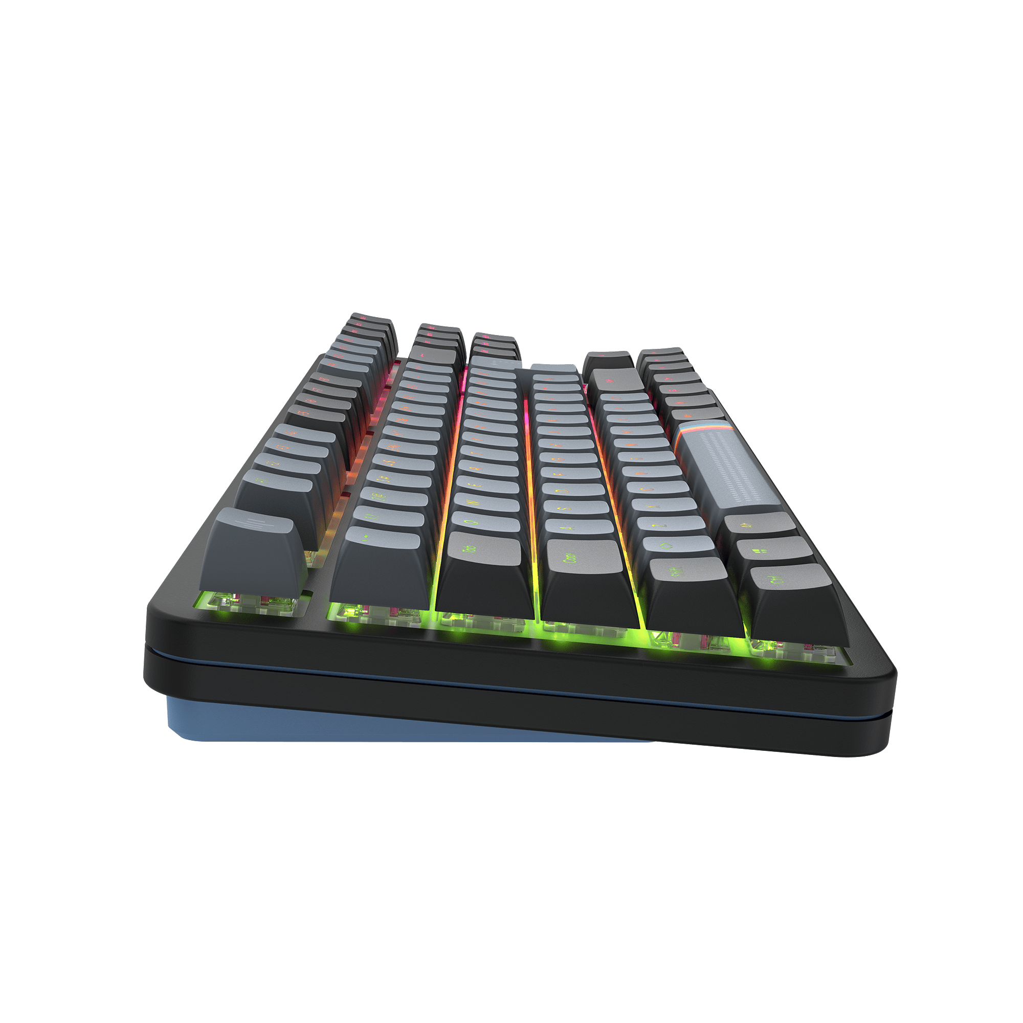 Tastiera nera con illuminazione RGB. I tasti sono grigi. Lo sfondo è nero.
