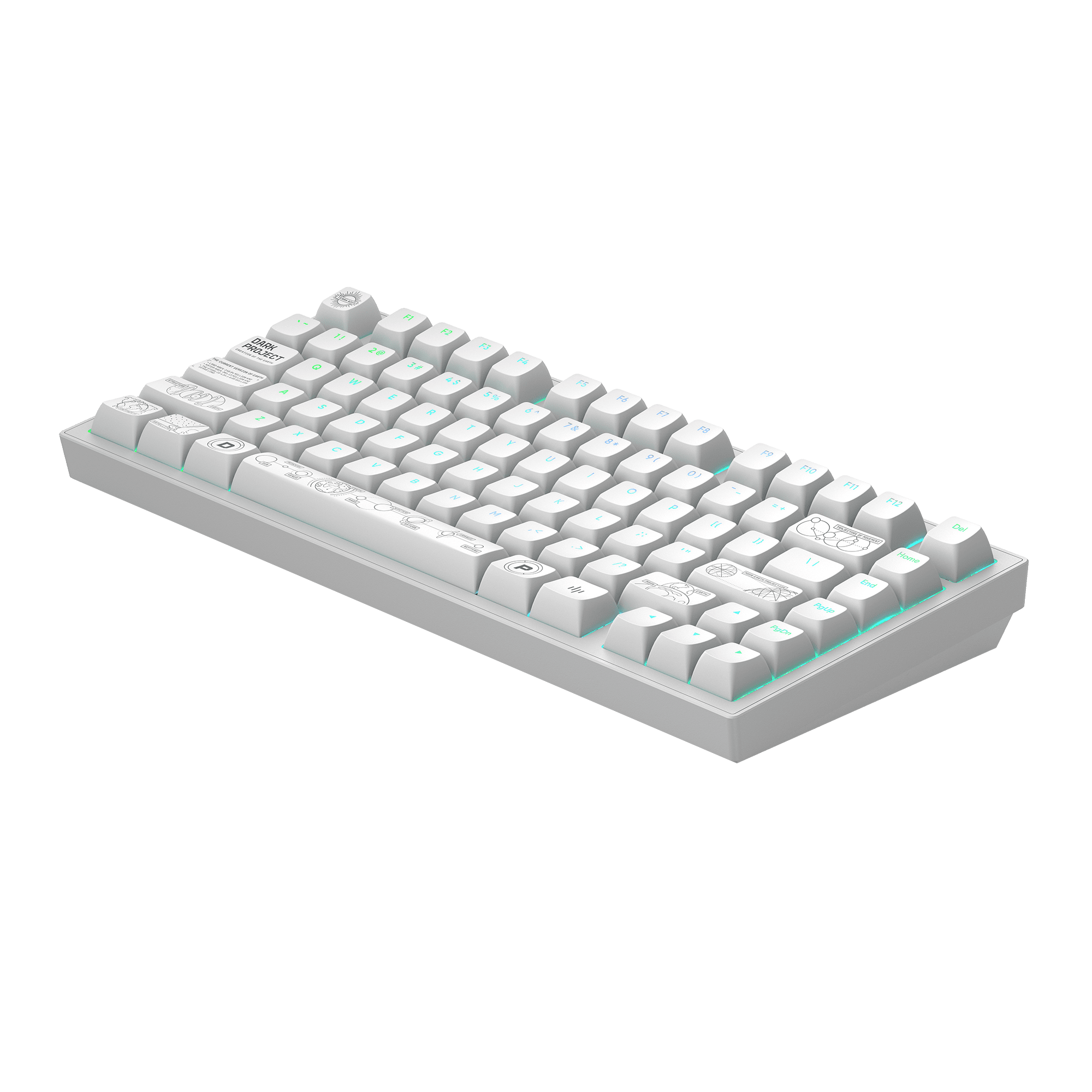 Weiße mechanische Tastatur. Hellgraue Tasten mit hellblauen Sekundärzeichen. Schwarzer Hintergrund.