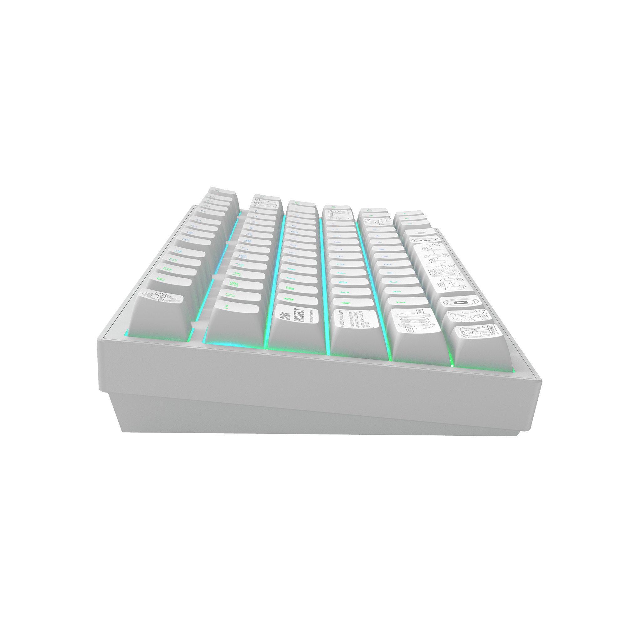 Weiße mechanische Tastatur, schräge Ansicht. Tastenkappen sind weiß mit Symbolen. Schwarzer Hintergrund.